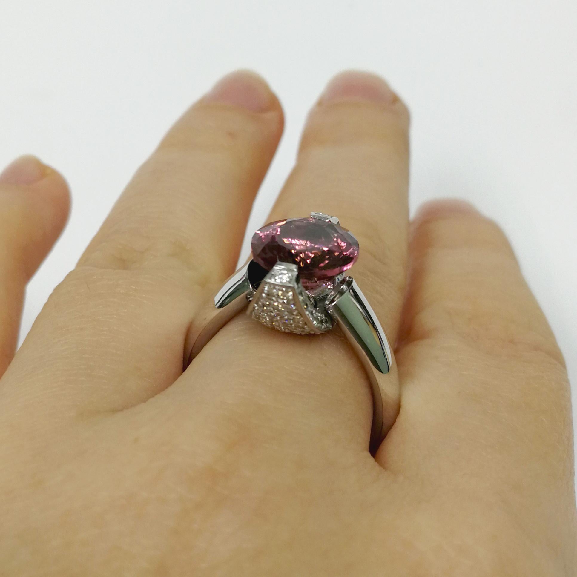Women's Pink Tourmaline Diamonds 18 Karat White Gold Moon Ring