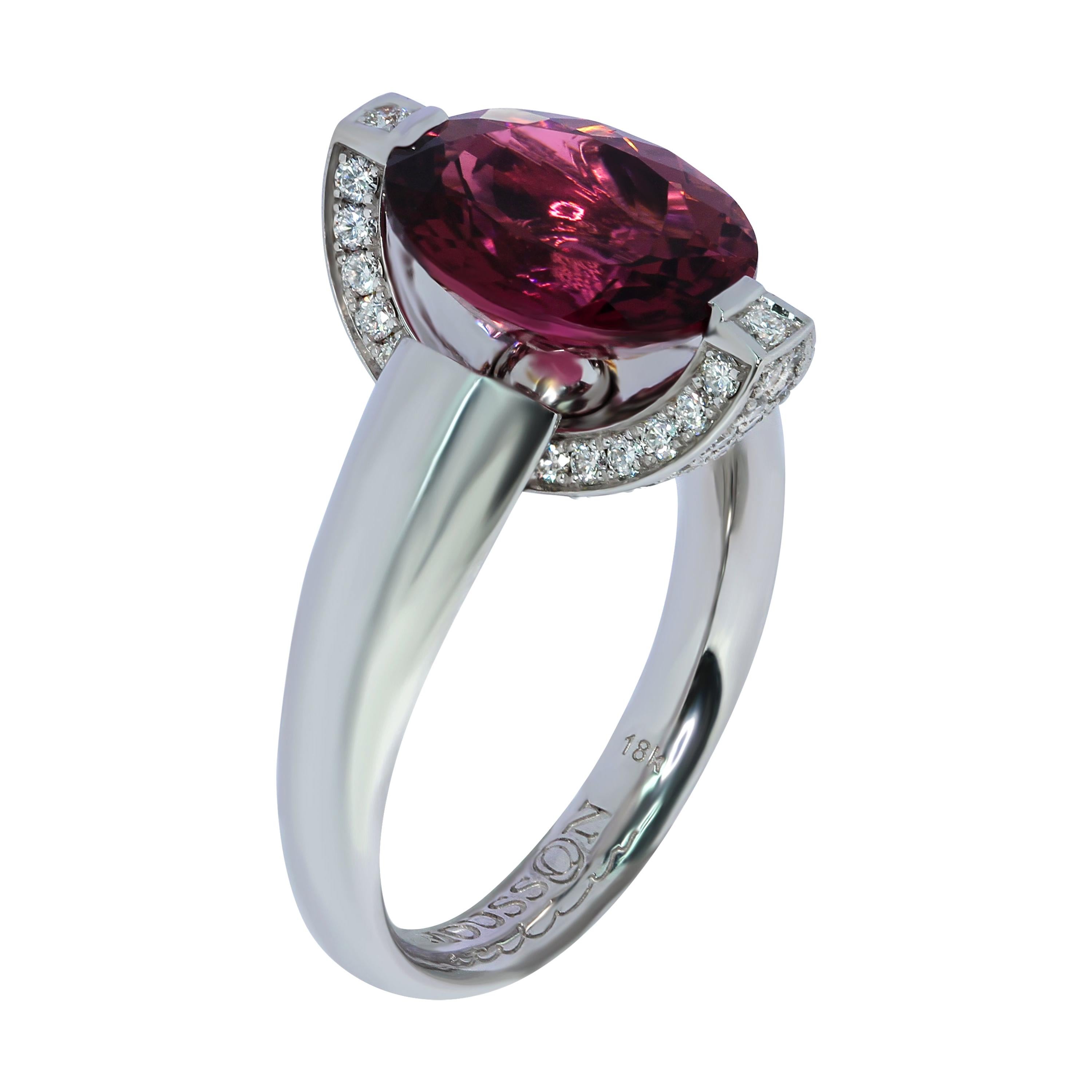 Pink Tourmaline Diamonds 18 Karat White Gold Moon Ring For Sale