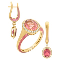 Pink Tourmaline Diamonds 18 Karat Yellow Gold Enamel New Classic Suite