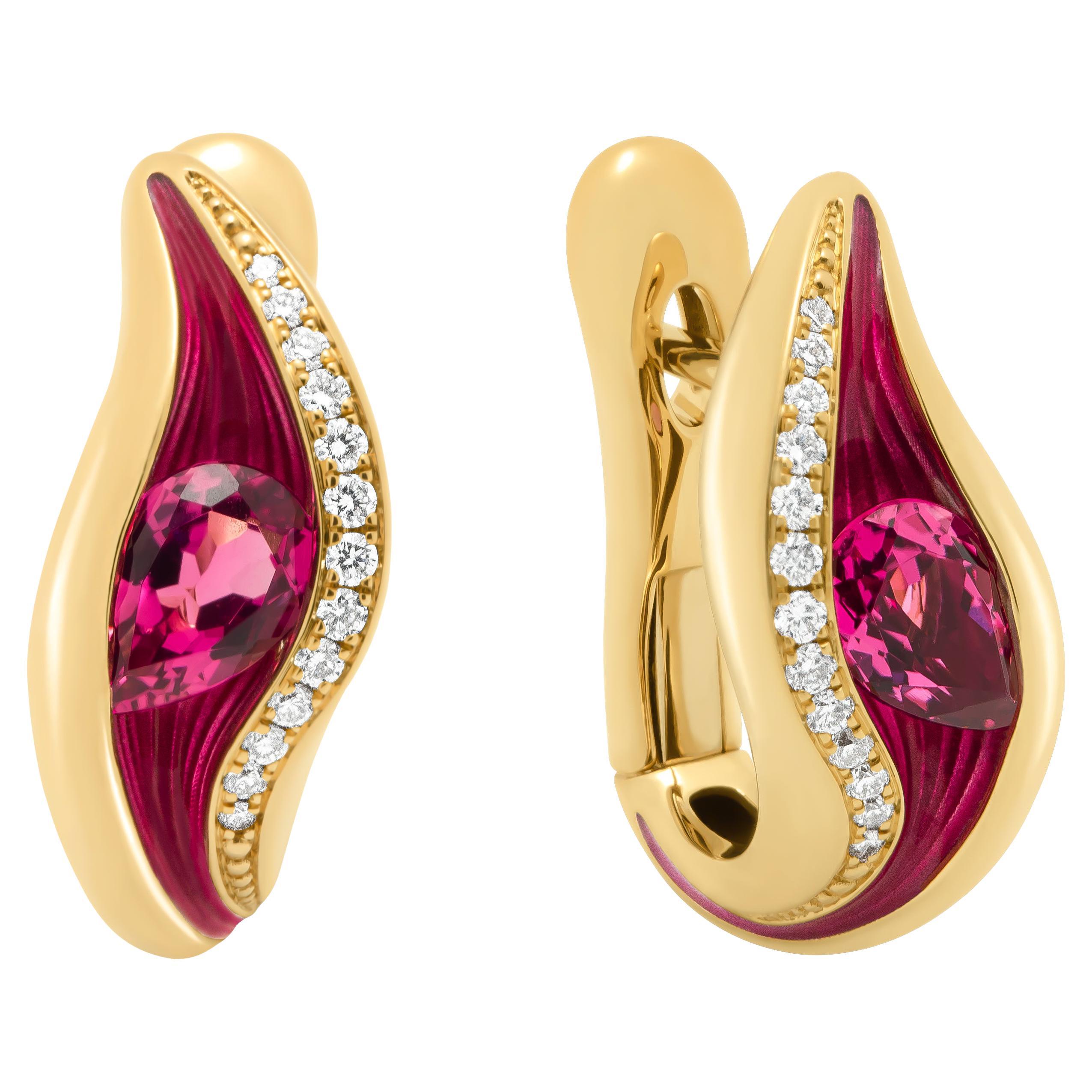 Ohrringe aus 18 Karat Gelbgold mit rosa Turmalin, Diamanten und Emaille mit Meltierungen im Angebot