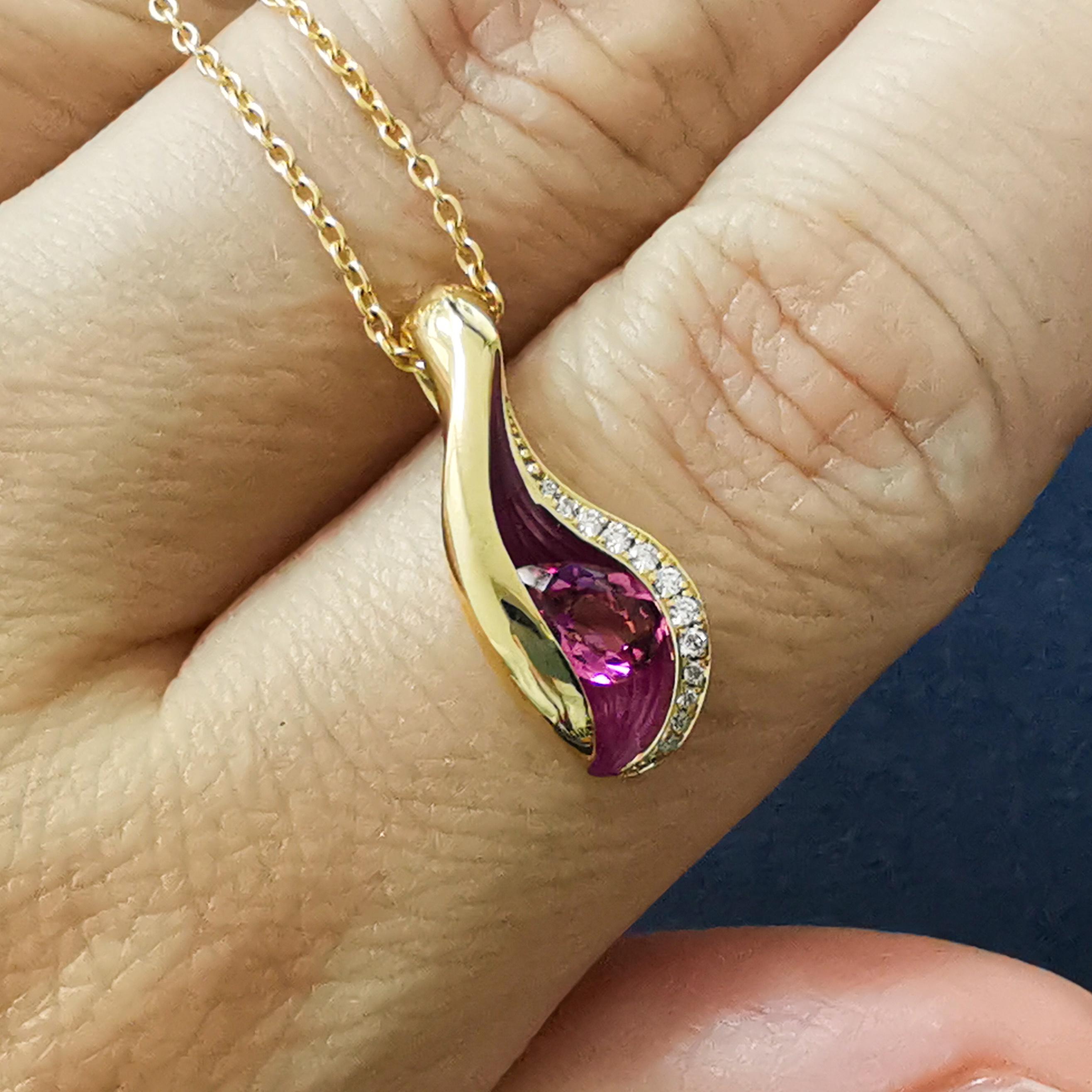 Women's Pink Tourmaline Diamonds Enamel 18 Karat Yellow Gold Melted Colors Pendant For Sale