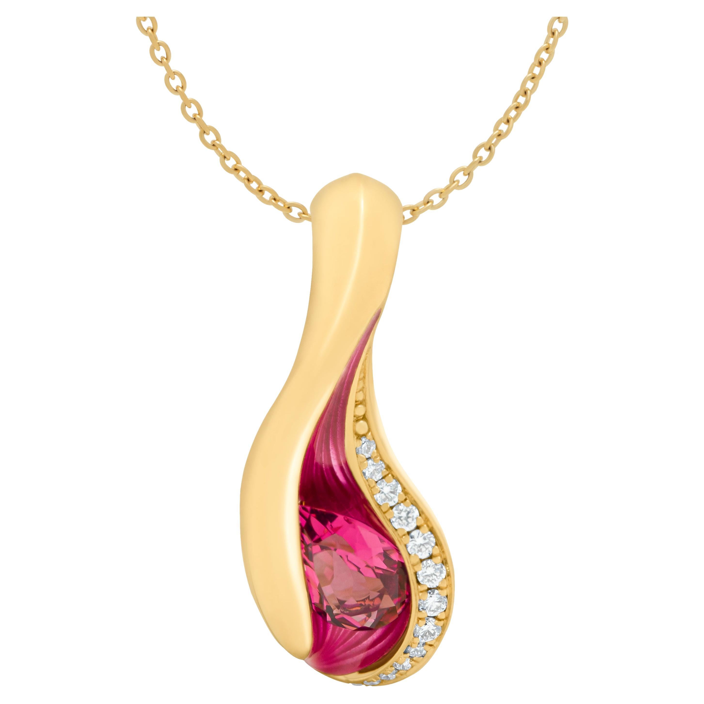 Pink Tourmaline Diamonds Enamel 18 Karat Yellow Gold Melted Colors Pendant For Sale