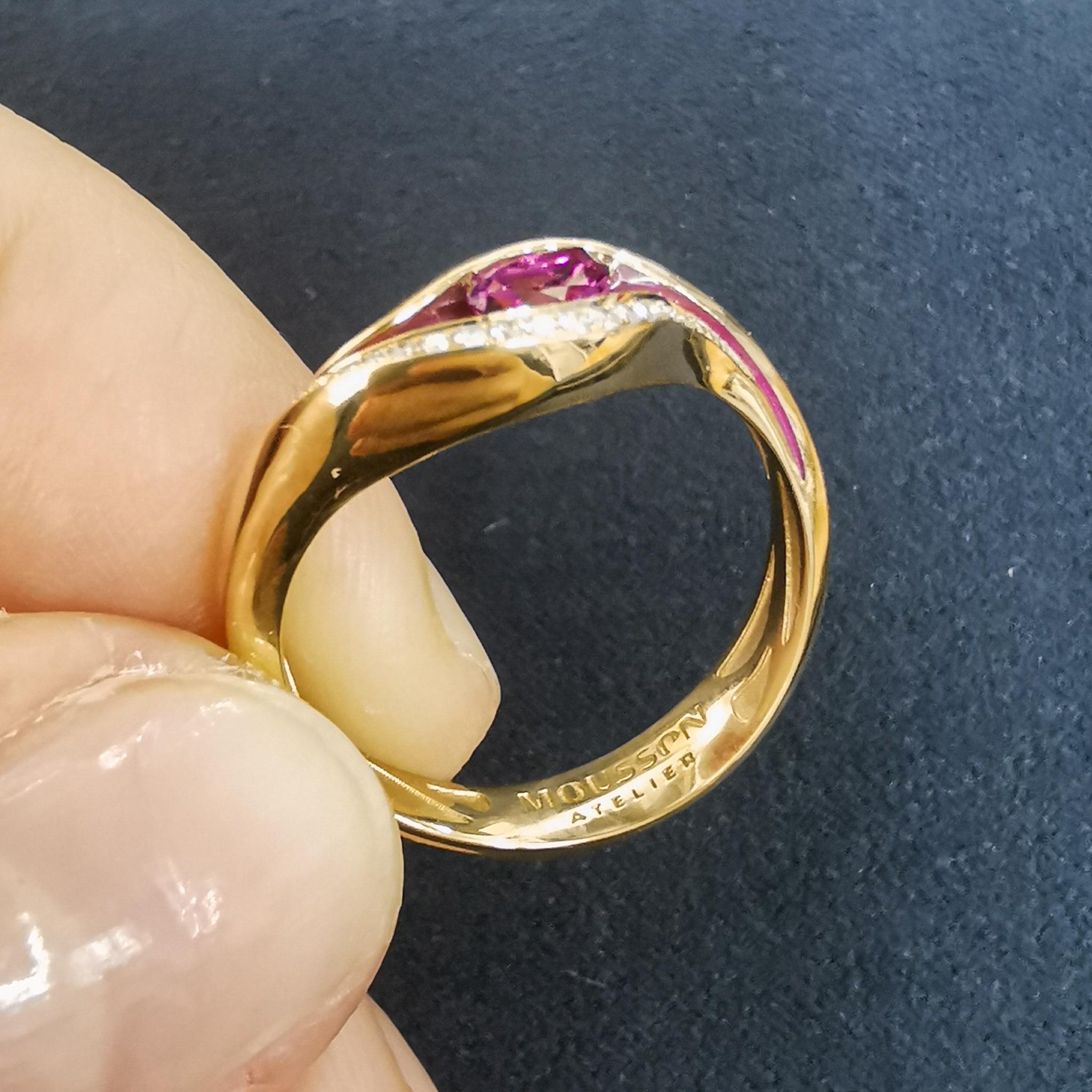 Pear Cut Pink Tourmaline Diamonds Enamel 18 Karat Yellow Gold Melted Colors Ring For Sale