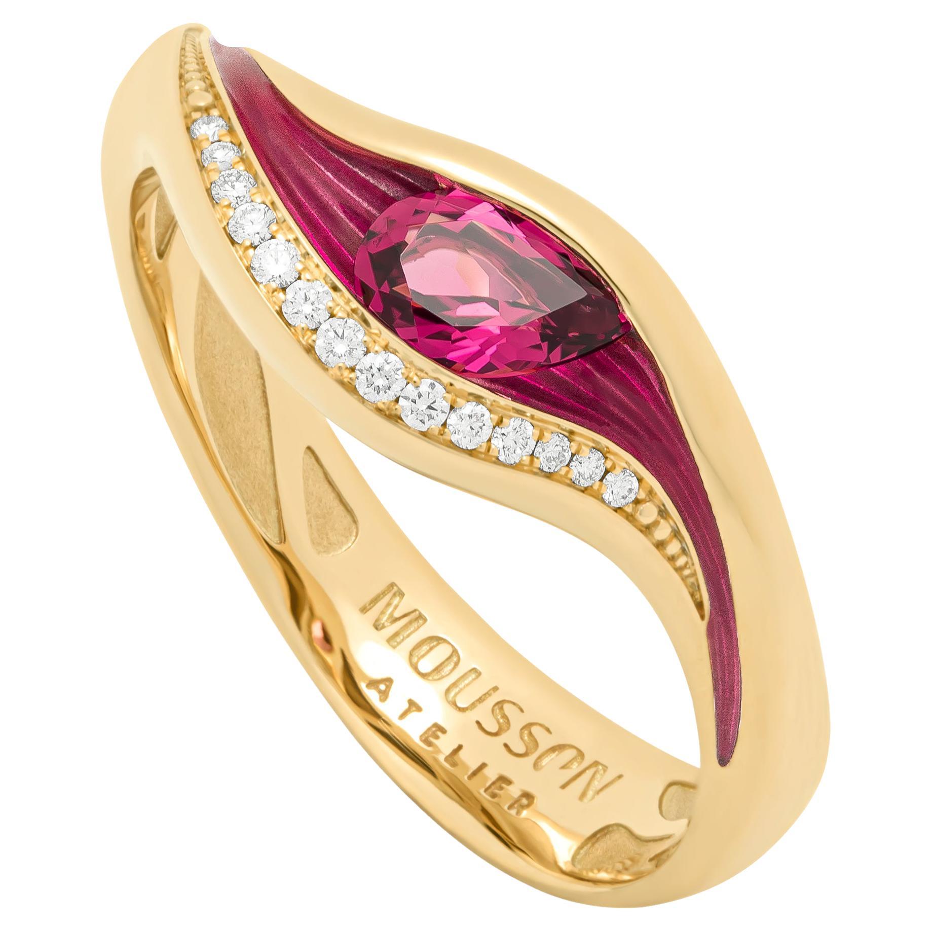 Pink Tourmaline Diamonds Enamel 18 Karat Yellow Gold Melted Colors Ring For Sale