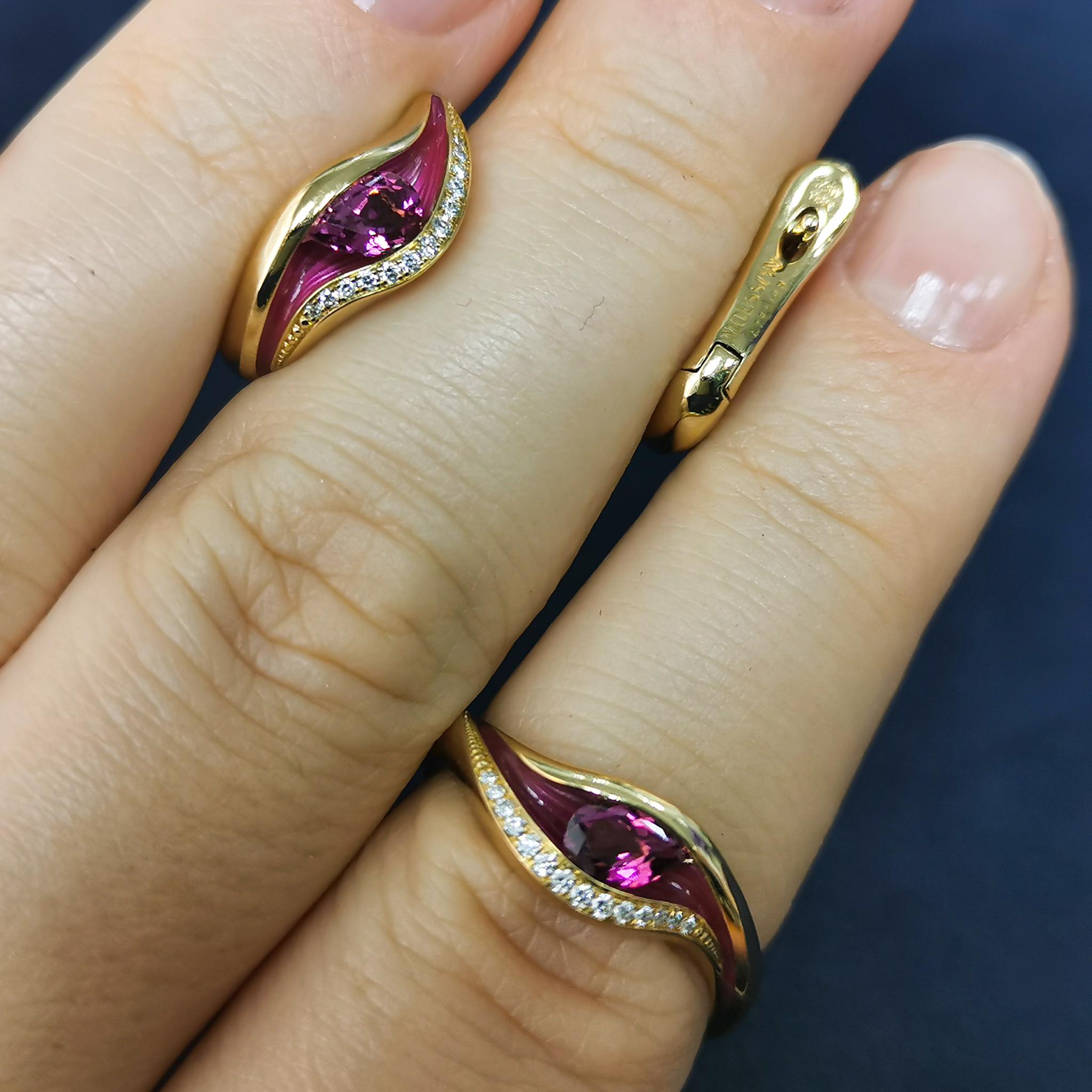Pink Tourmaline Diamonds Enamel 18 Karat Yellow Gold Melted Colors Suite For Sale 4
