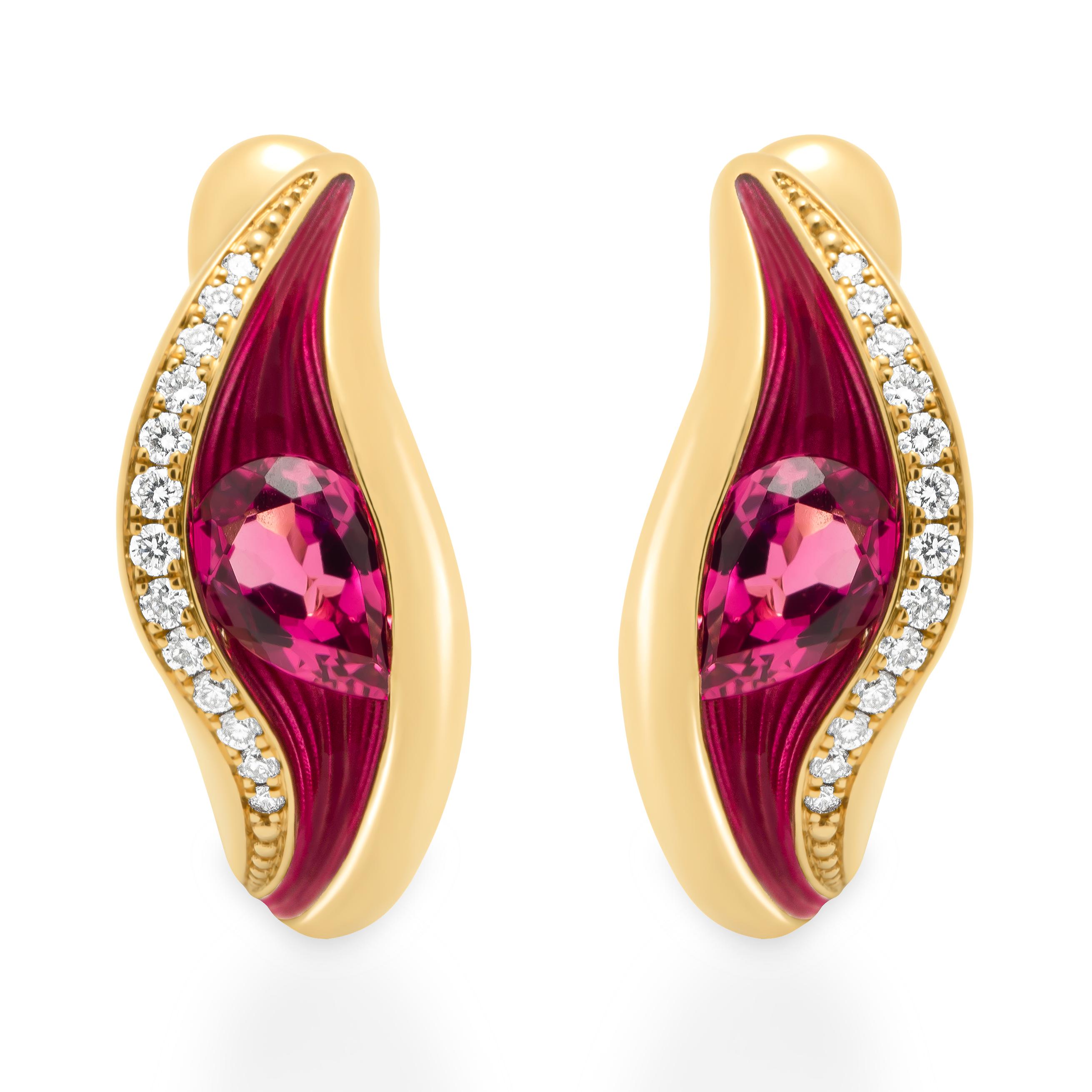 Contemporary Pink Tourmaline Diamonds Enamel 18 Karat Yellow Gold Melted Colors Suite For Sale
