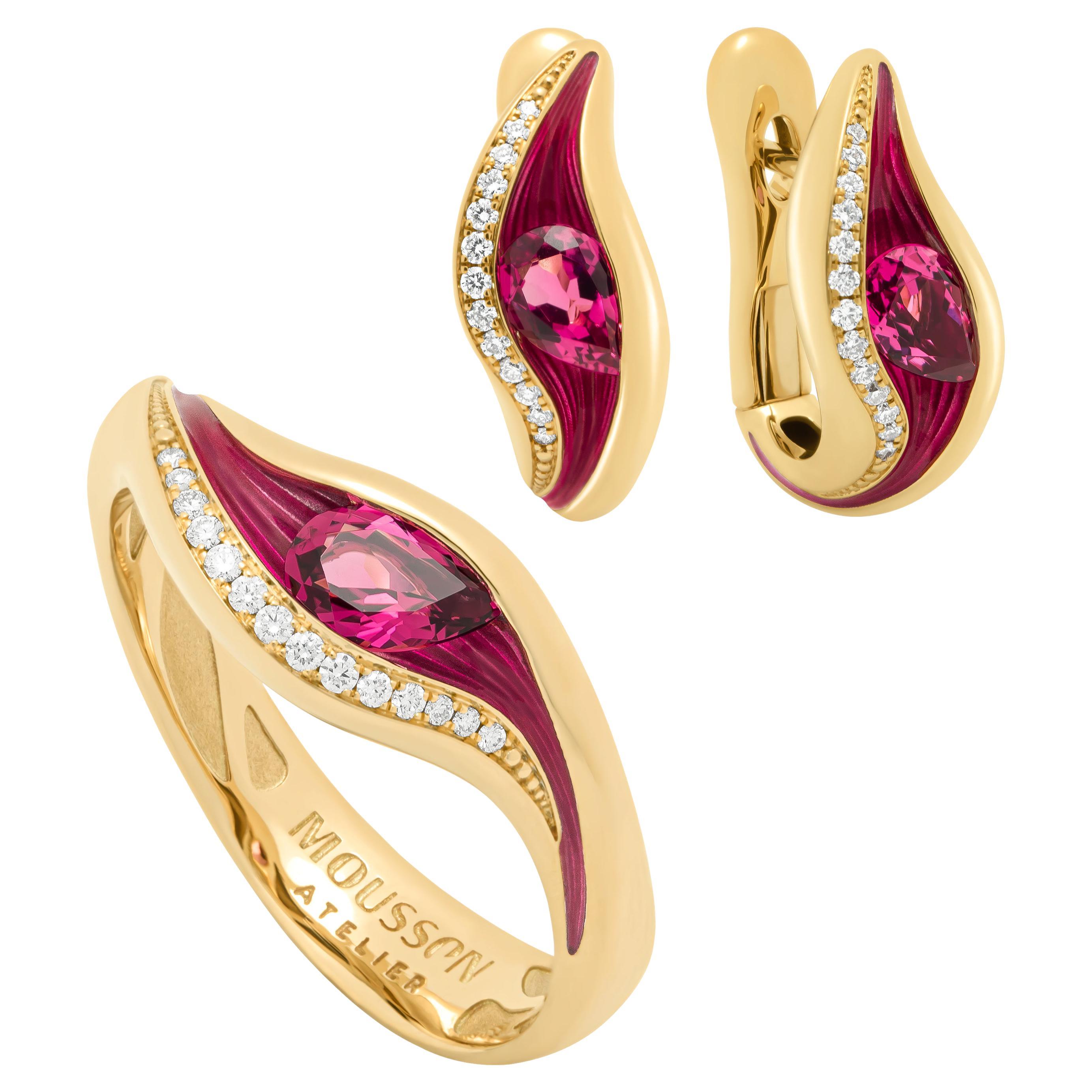 Pink Tourmaline Diamonds Enamel 18 Karat Yellow Gold Melted Colors Suite For Sale