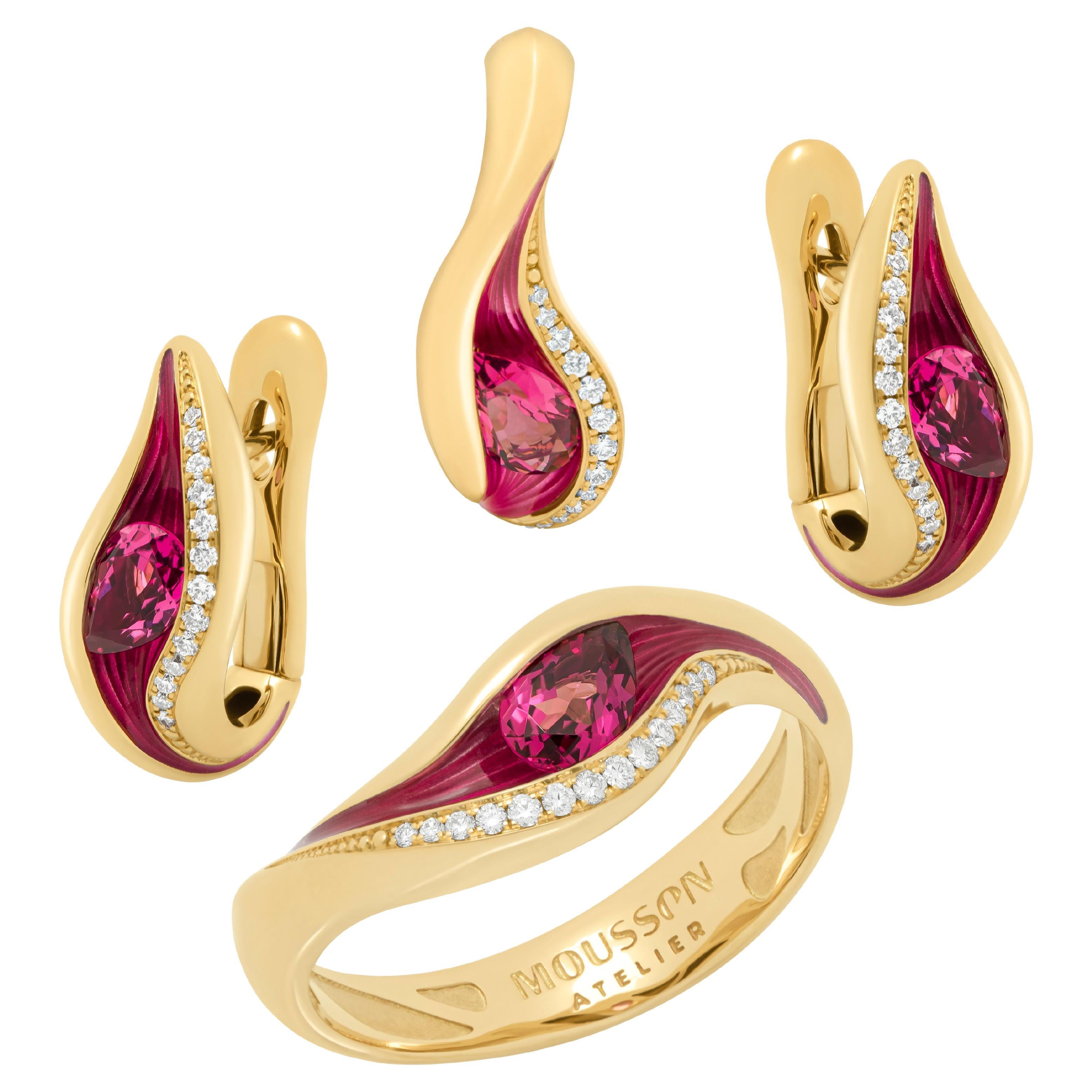 Suite aus rosa Turmalin, Diamanten und Emaille aus 18 Karat Gelbgold mit Meltierten Farben