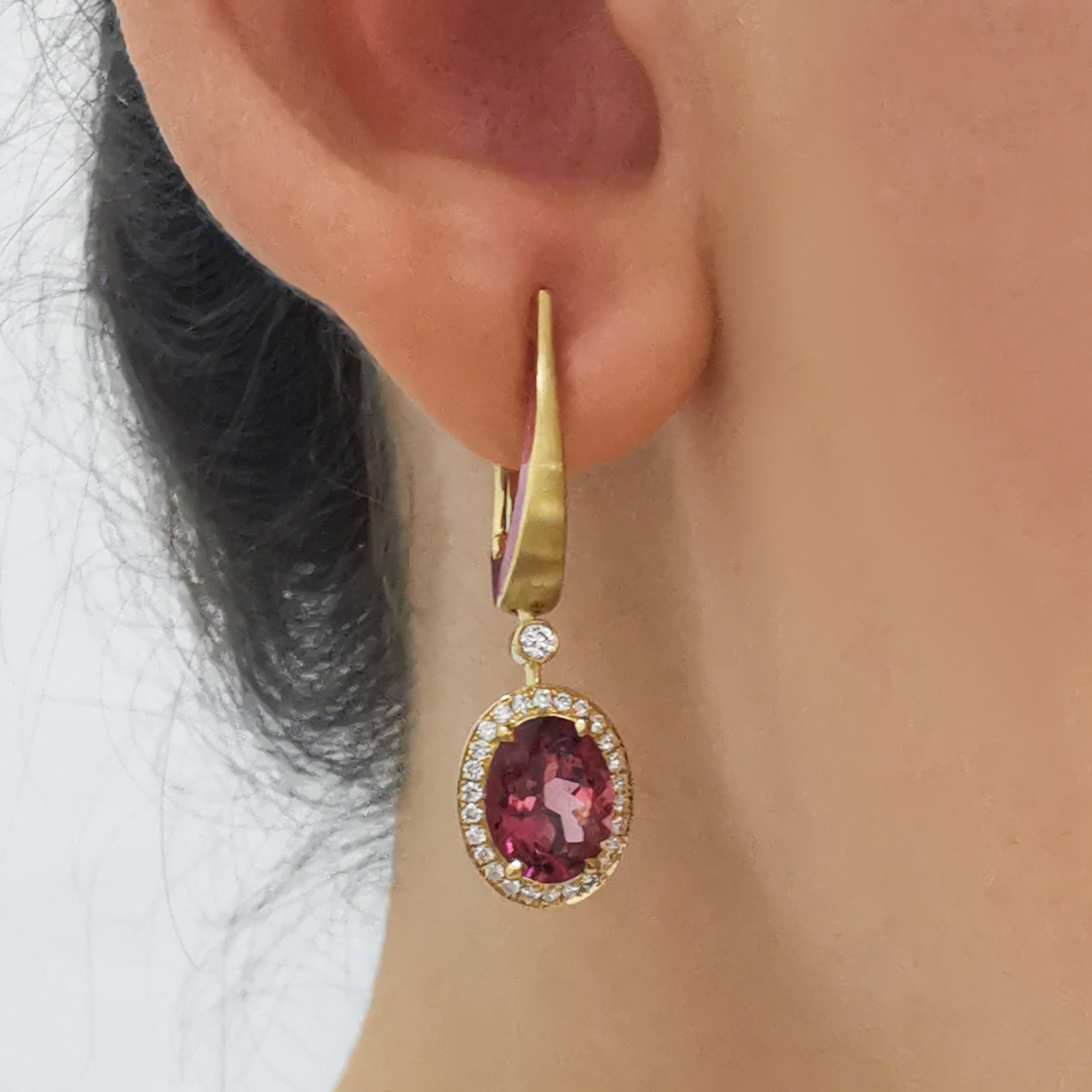 Pink Tourmaline Diamonds Enamel 18 Karat Yellow Gold New Classic Earrings For Sale 4