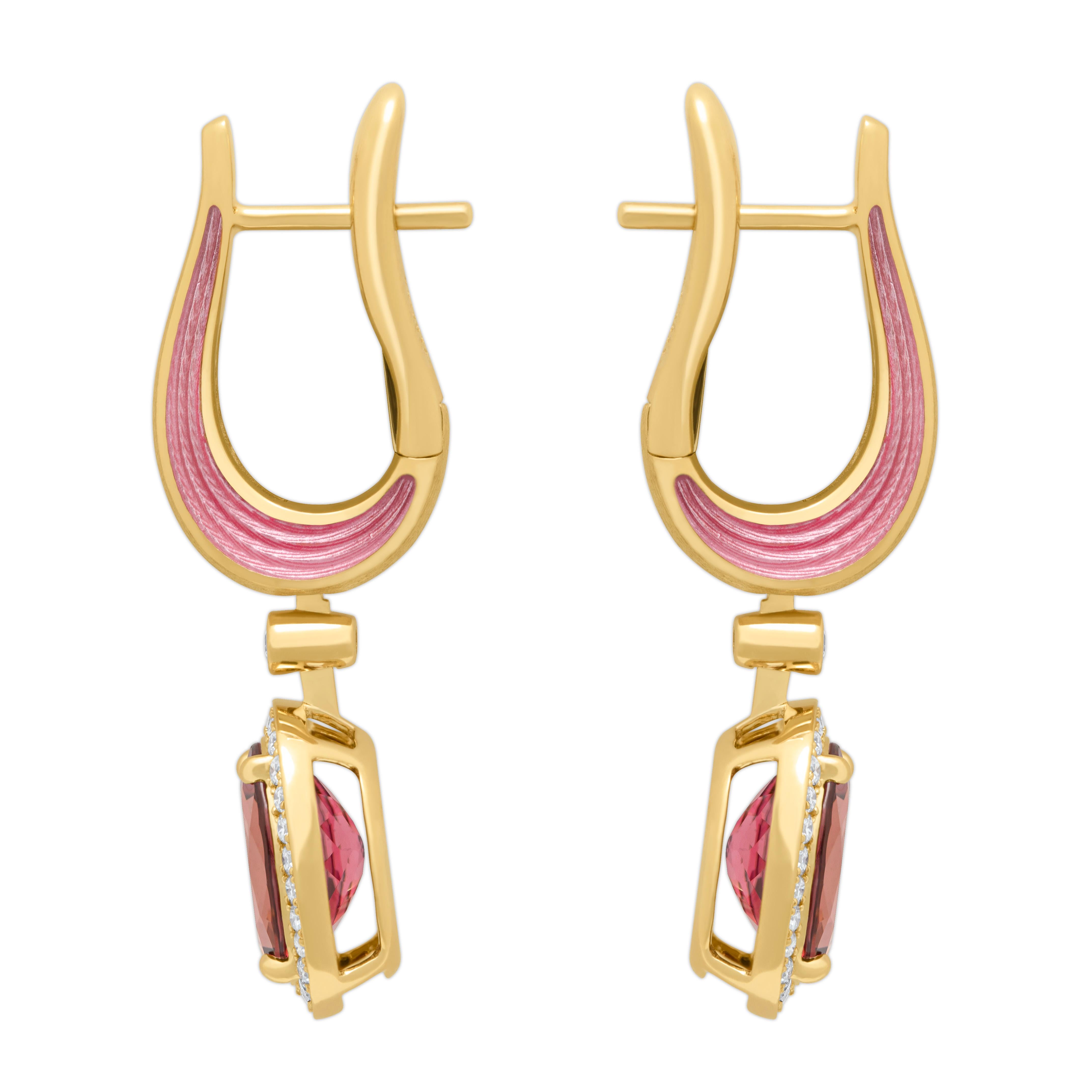 Pink Tourmaline 3.42 Carat Diamonds Enamel 18 Karat Yellow Gold New Classic Earrings
We have published a series of new Earrings with the same idea but with different details. Introducing Earrings crafted from 18 Karat Yellow Gold, which in company