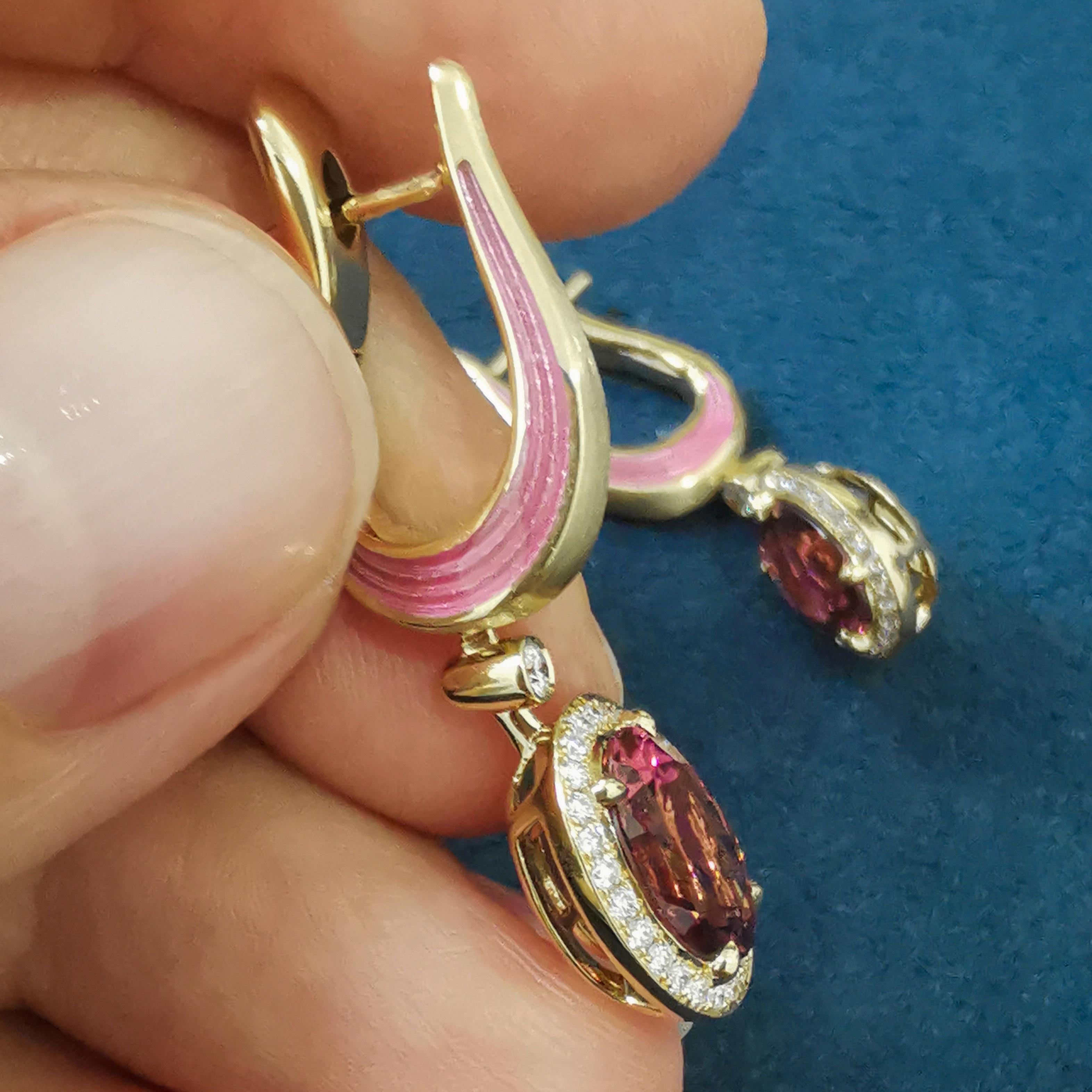 Oval Cut Pink Tourmaline Diamonds Enamel 18 Karat Yellow Gold New Classic Earrings For Sale