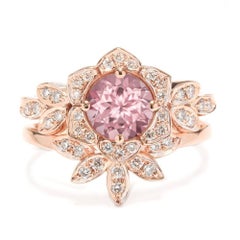 Pink Tourmaline & Diamonds Unique 18k Engagement Two Ring Set - "Lily Flower"