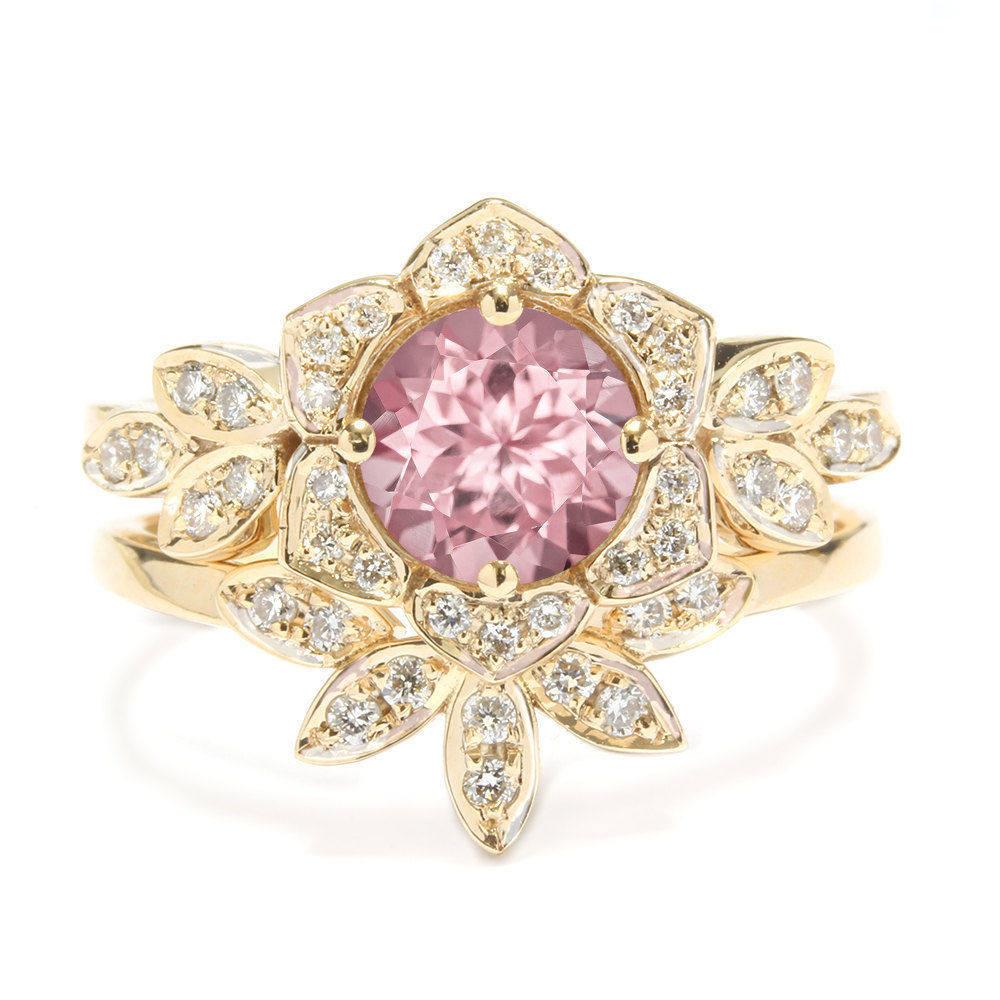 Art Deco Pink Tourmaline & Diamonds Unique 18k Engagement Two Ring Set - 