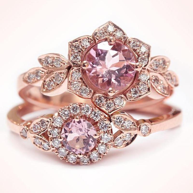 Round Cut Pink Tourmaline & Diamonds Unique 18k Engagement Two Ring Set - 