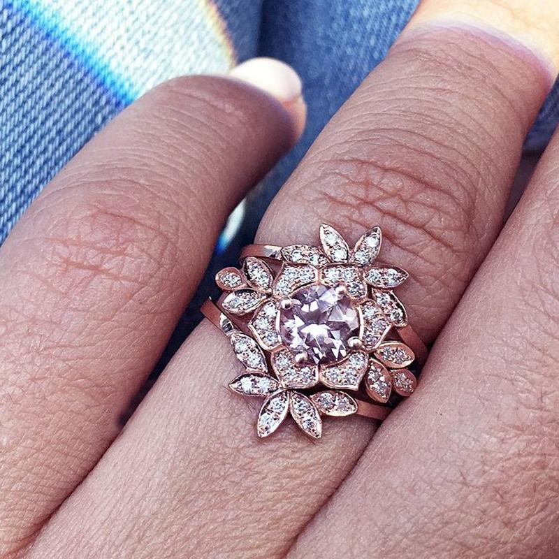 Pink Tourmaline & Diamonds Unique 18k Engagement Two Ring Set - 