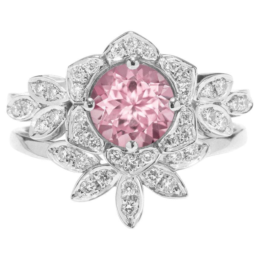Pink Tourmaline & Diamonds Unique 18k Engagement Two Ring Set - "Lily Flower" For Sale