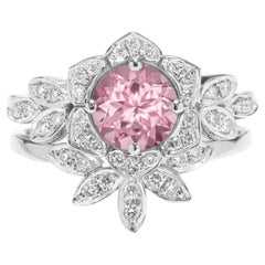 Pink Tourmaline & Diamonds Unique 18k Engagement Two Ring Set - "Lily Flower"