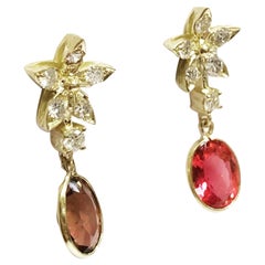 Retro Pink Tourmaline Diamonds 18k Yellow Gold Stud Earrings