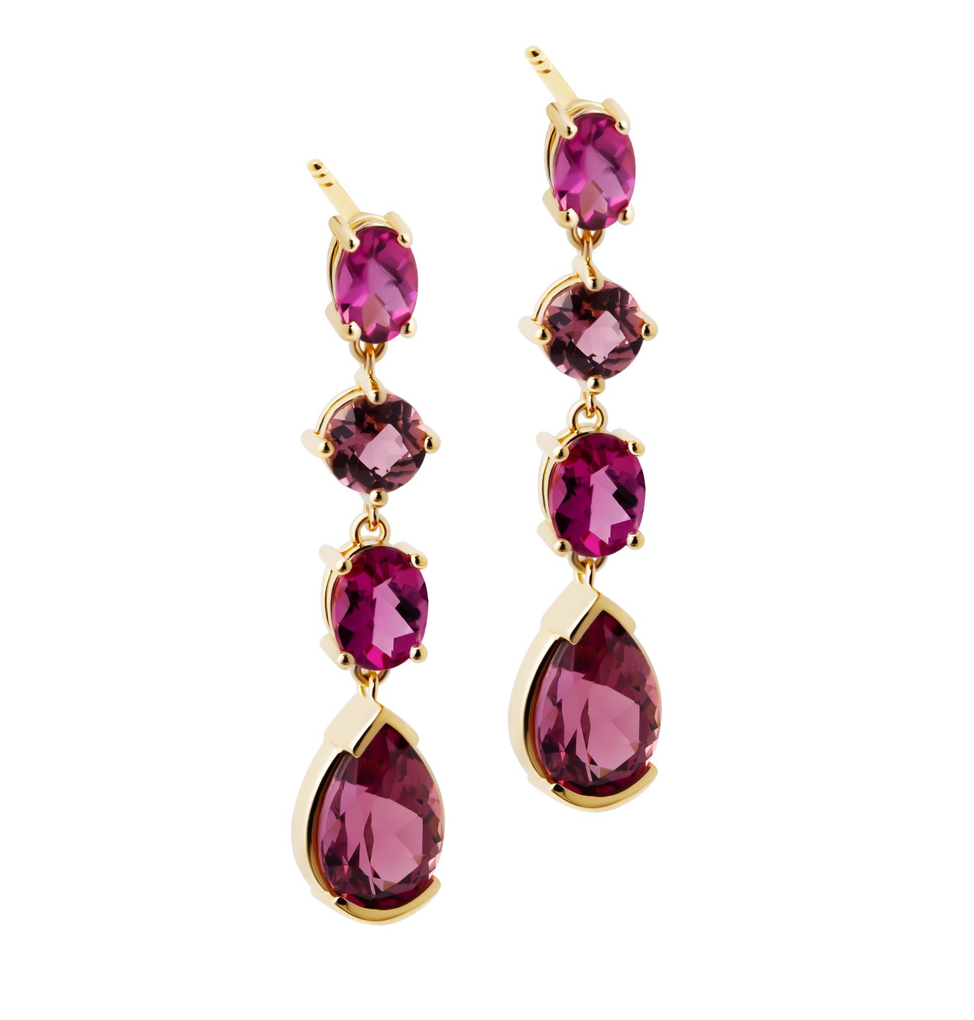 Pink Tourmaline Drop Earrings
Mounted in 14k YG 
Totaling 5.04ct
About 32mm long

