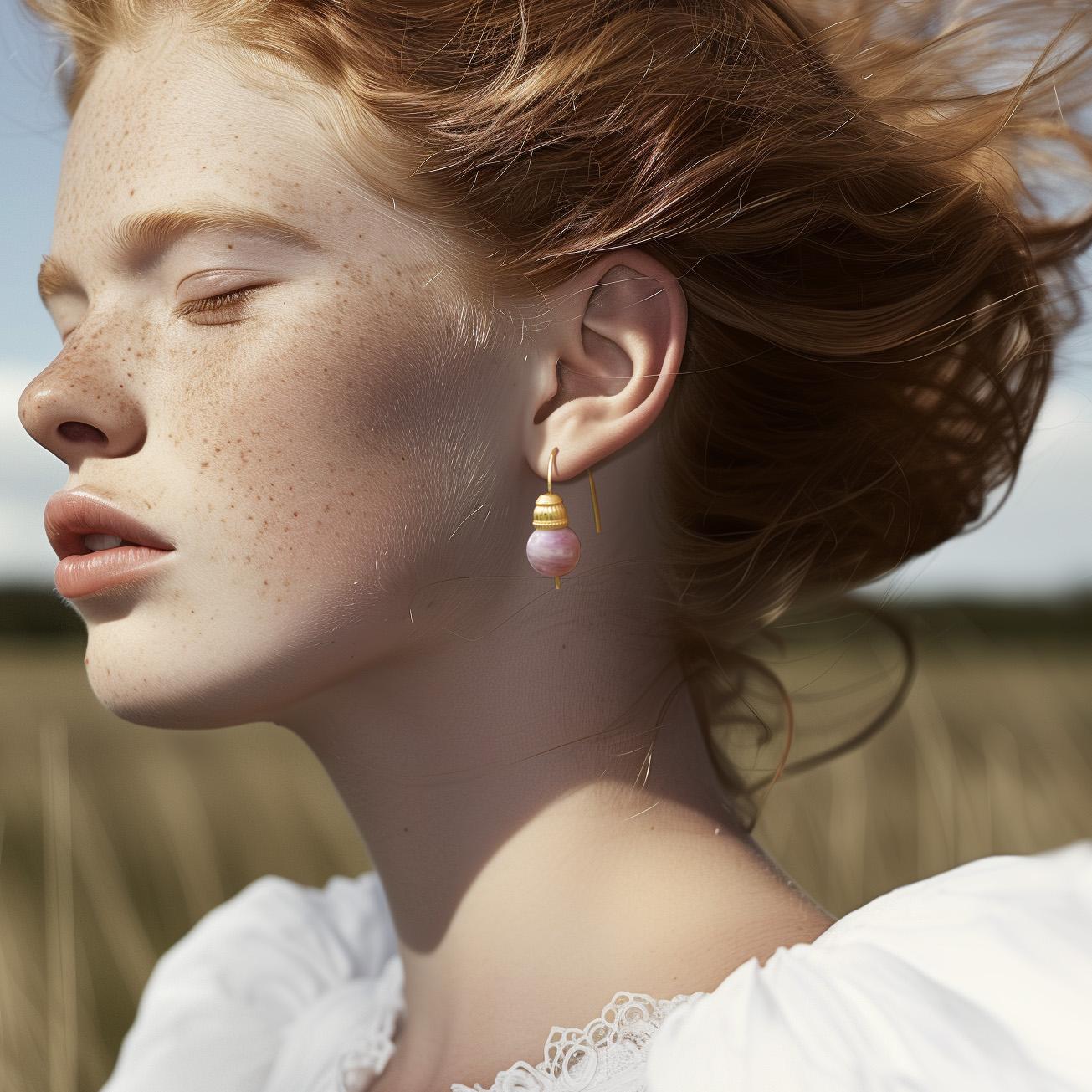 Soft whispers of rose-colored stone crowned with intricate golden detail, these earrings hold the gentle warmth of sunset against your skin. Each tourmaline sphere glows with feminine grace, its natural pink hues creating an aura of quiet confidence