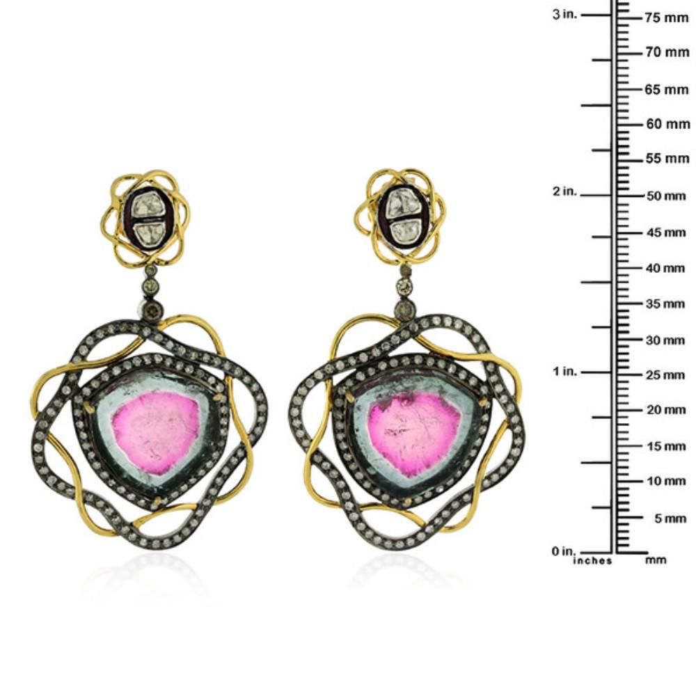 Artisan Pink Tourmaline earring Enclosed In Pave Diamonds Set Made In 18k Gold & Silver For Sale