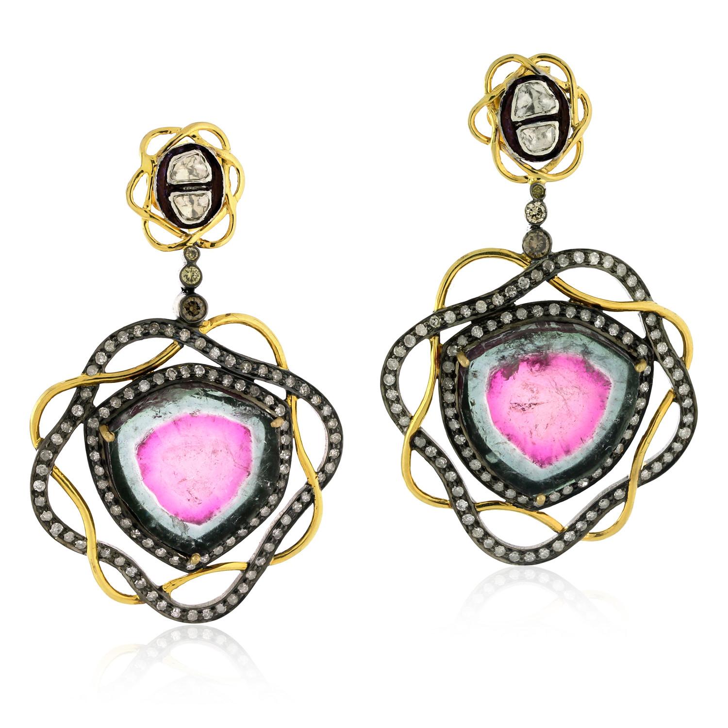 Mixed Cut Pink Tourmaline earring Enclosed In Pave Diamonds Set Made In 18k Gold & Silver For Sale