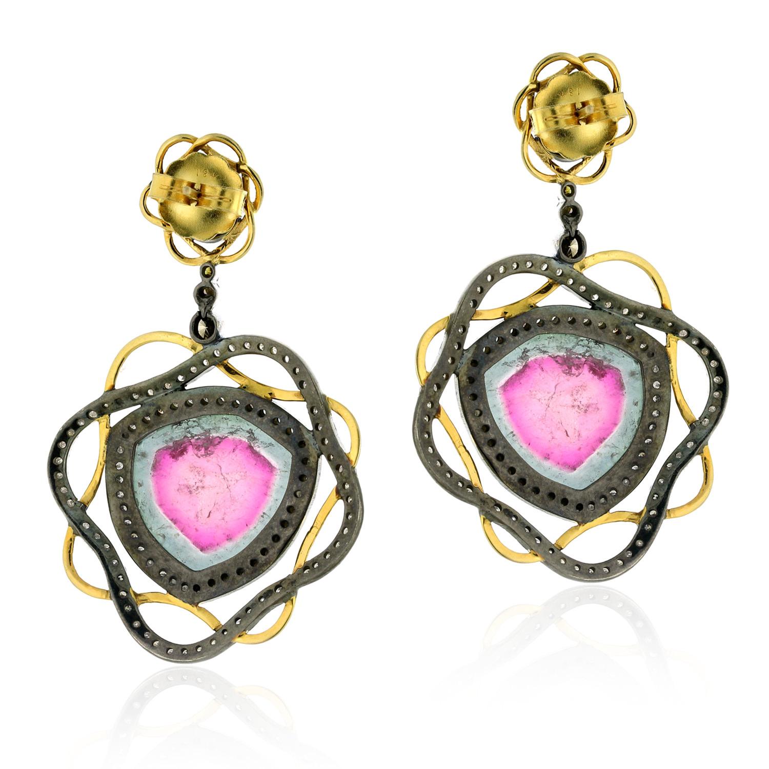 Pink Tourmaline earring Enclosed In Pave Diamonds Set Made In 18k Gold & Silver In New Condition For Sale In New York, NY