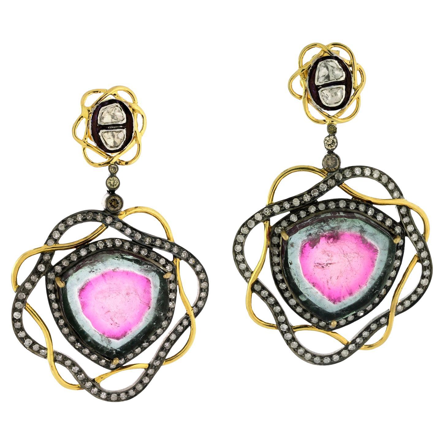 Pink Tourmaline earring Enclosed In Pave Diamonds Set Made In 18k Gold & Silver For Sale