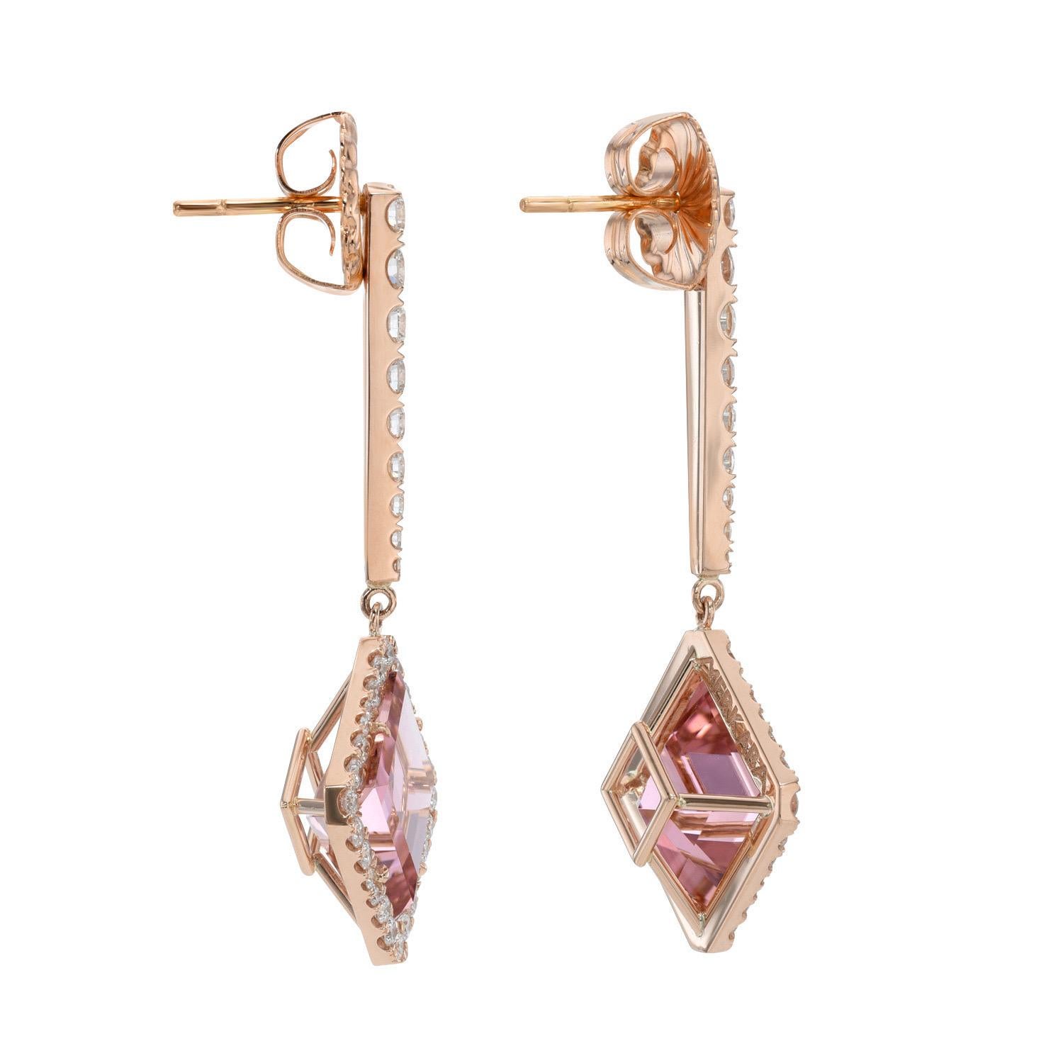 Unique 7.67 carats total Kite shaped Pink Tourmaline drop earrings, decorated with a total of 1.37 carat round brilliant collection diamonds. Crafted by extremely skilled hands in 18K rose gold.
Returns are accepted and paid by us within 7 days of
