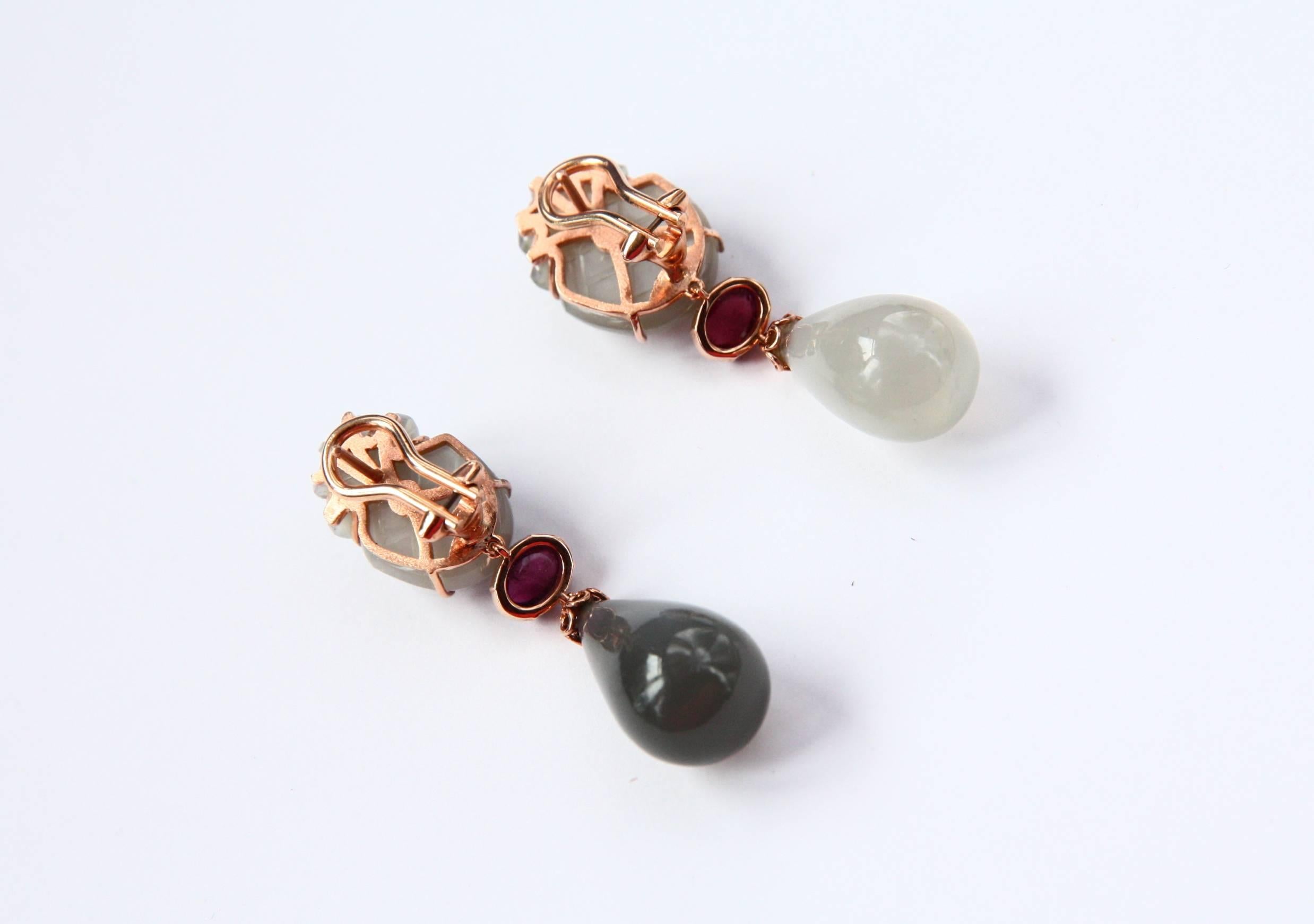 Pink Tourmaline Earrings Adularie Cabochon  18 k solid Rose Gold For Sale 2