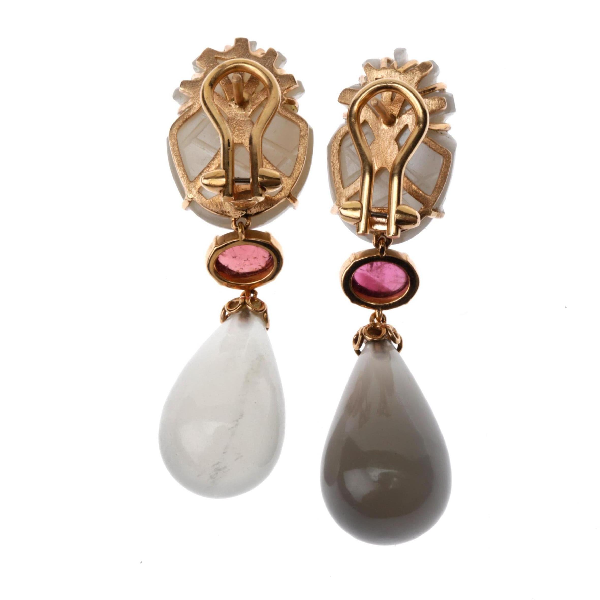 Pink Tourmaline Earrings Adularie Cabochon  18 k solid Rose Gold For Sale 6
