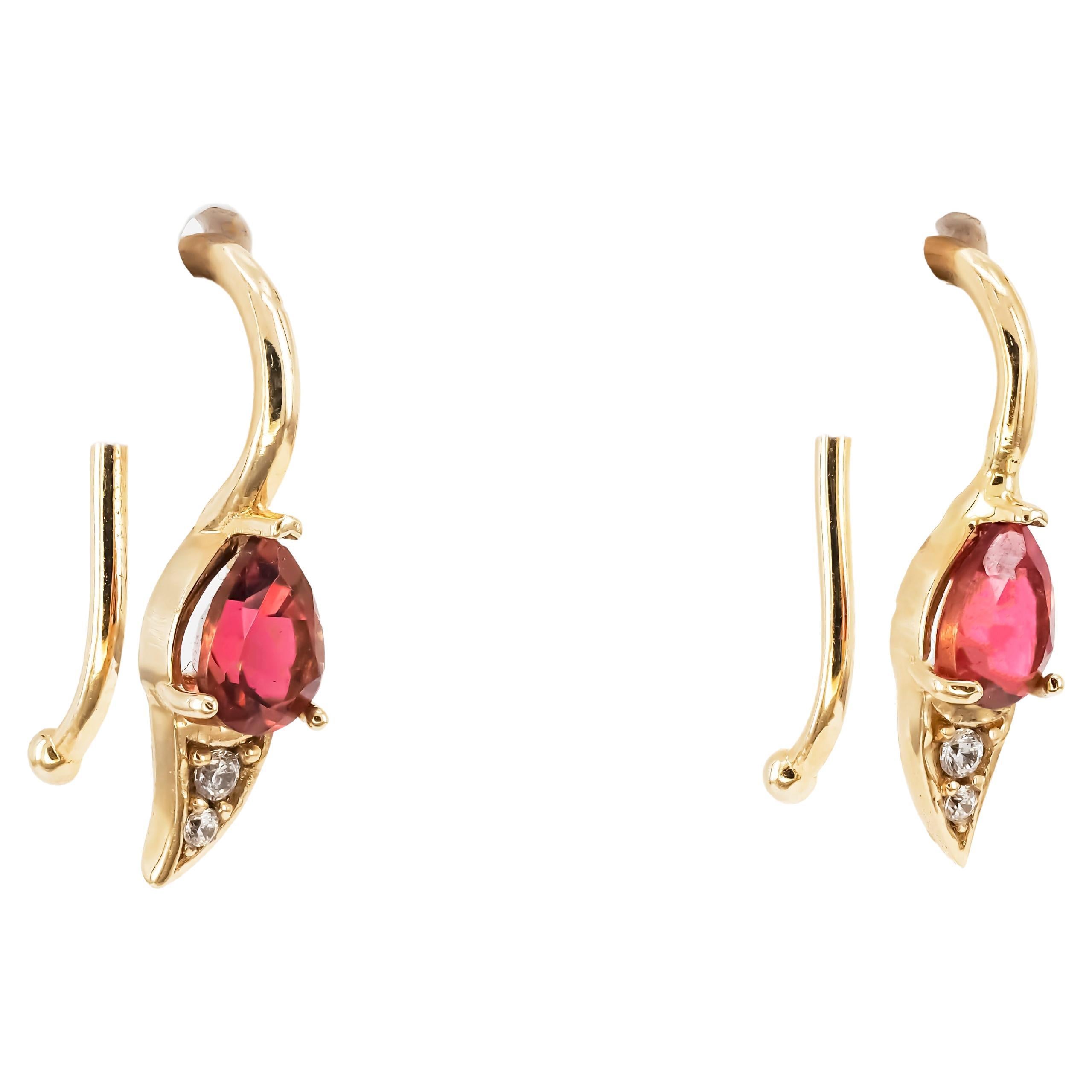 Modern Pink Tourmaline Earrings in 14k Yellow Gold For Sale
