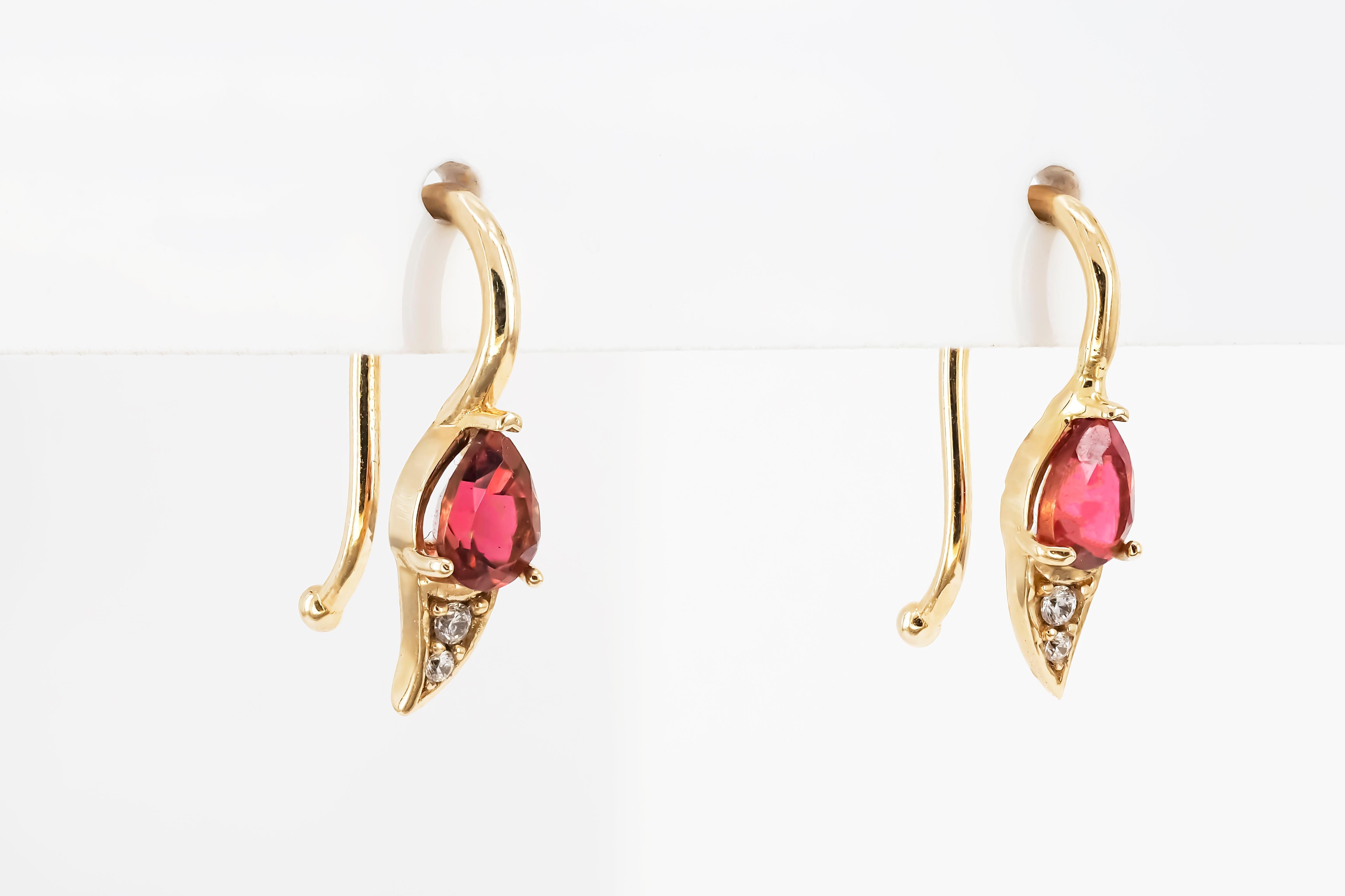 Pear Cut Pink Tourmaline Earrings in 14k Yellow Gold For Sale