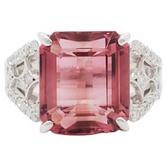 Pink Tourmaline Emerald Cut and Diamond Cocktail Ring in 18k White Gold