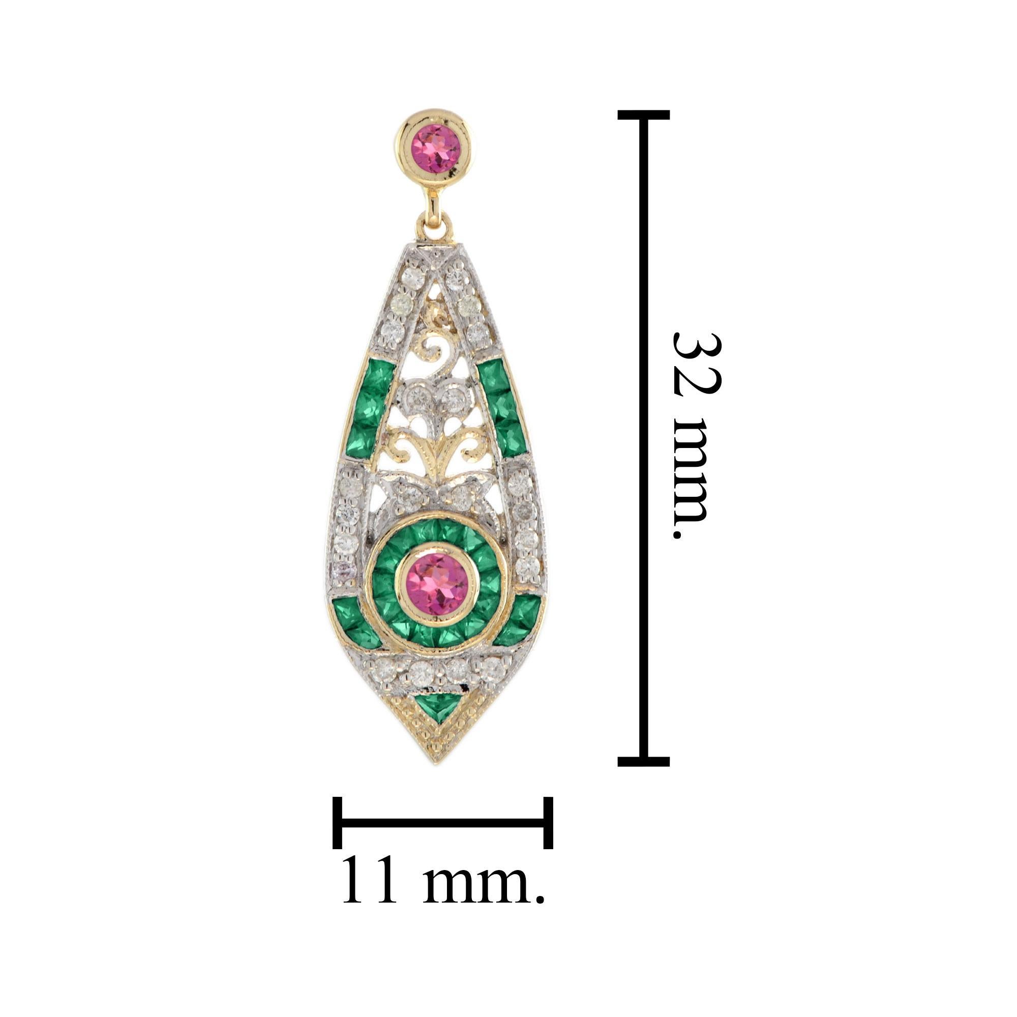 Pink Tourmaline Emerald Diamond Art Deco Style Drop 14K Gold Earrings In New Condition For Sale In Oakton, VA