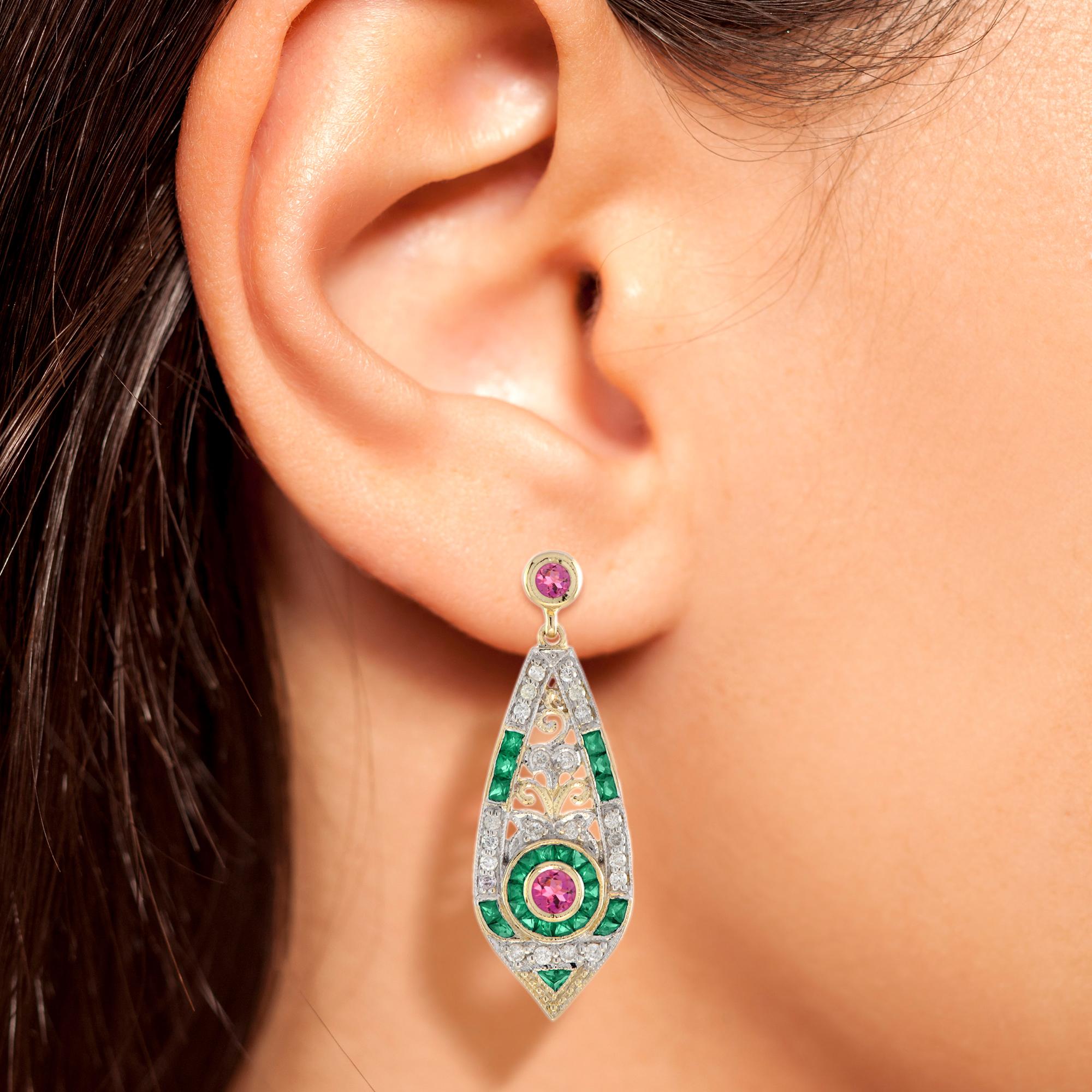 Women's Pink Tourmaline Emerald Diamond Art Deco Style Drop 14K Gold Earrings For Sale