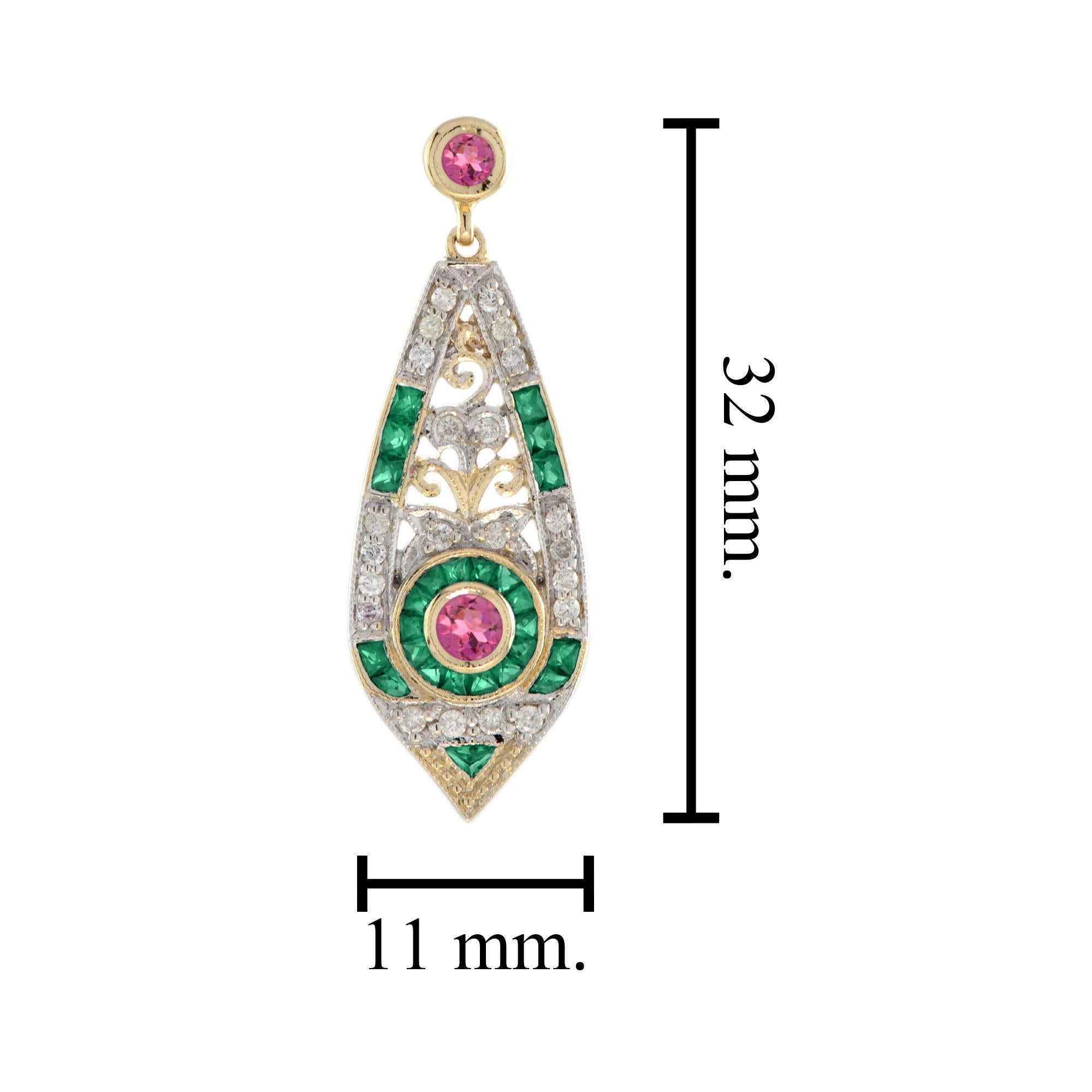 Women's Pink Tourmaline Emerald Diamond Art Deco Style Drop Earrings in 14K Yellow Gold For Sale