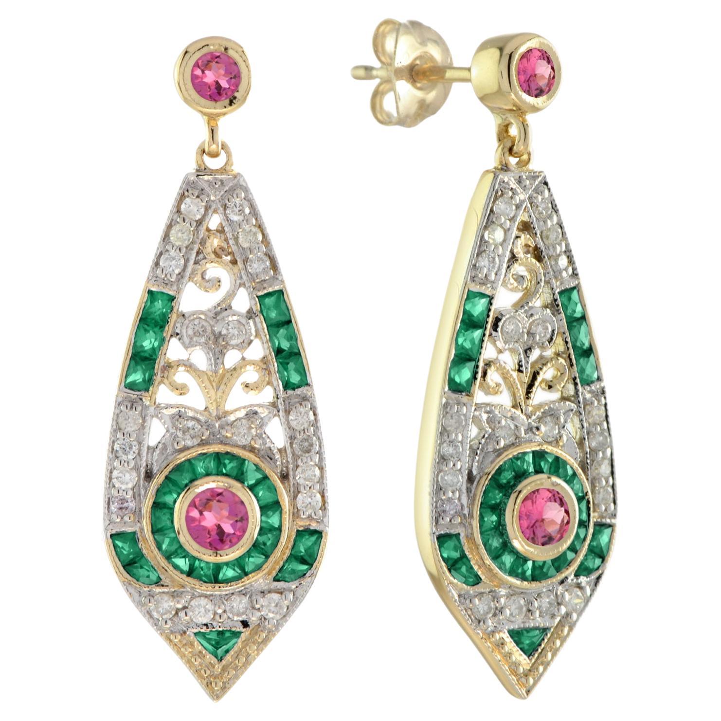 Boucles d'oreilles en goutte de style Art déco en or jaune 14 carats avec tourmaline rose, émeraude et diamant