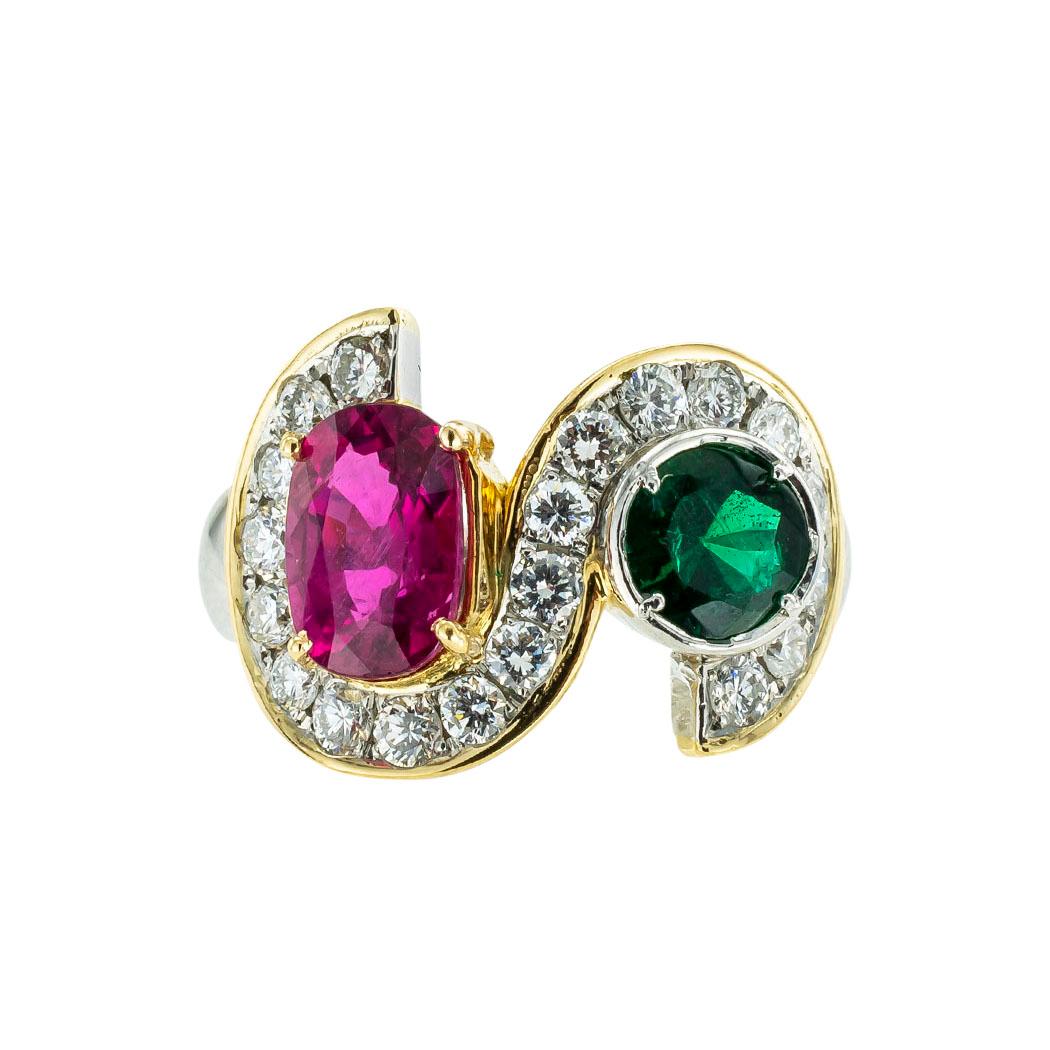 Pink tourmaline emerald and diamond platinum and 20-karat yellow gold ring circa 1990. 

ABOUT THIS ITEM:  #R-DJ310i. Scroll down for detailed specifications.  The dynamic color combination between the emerald and pink tourmaline is excellent at