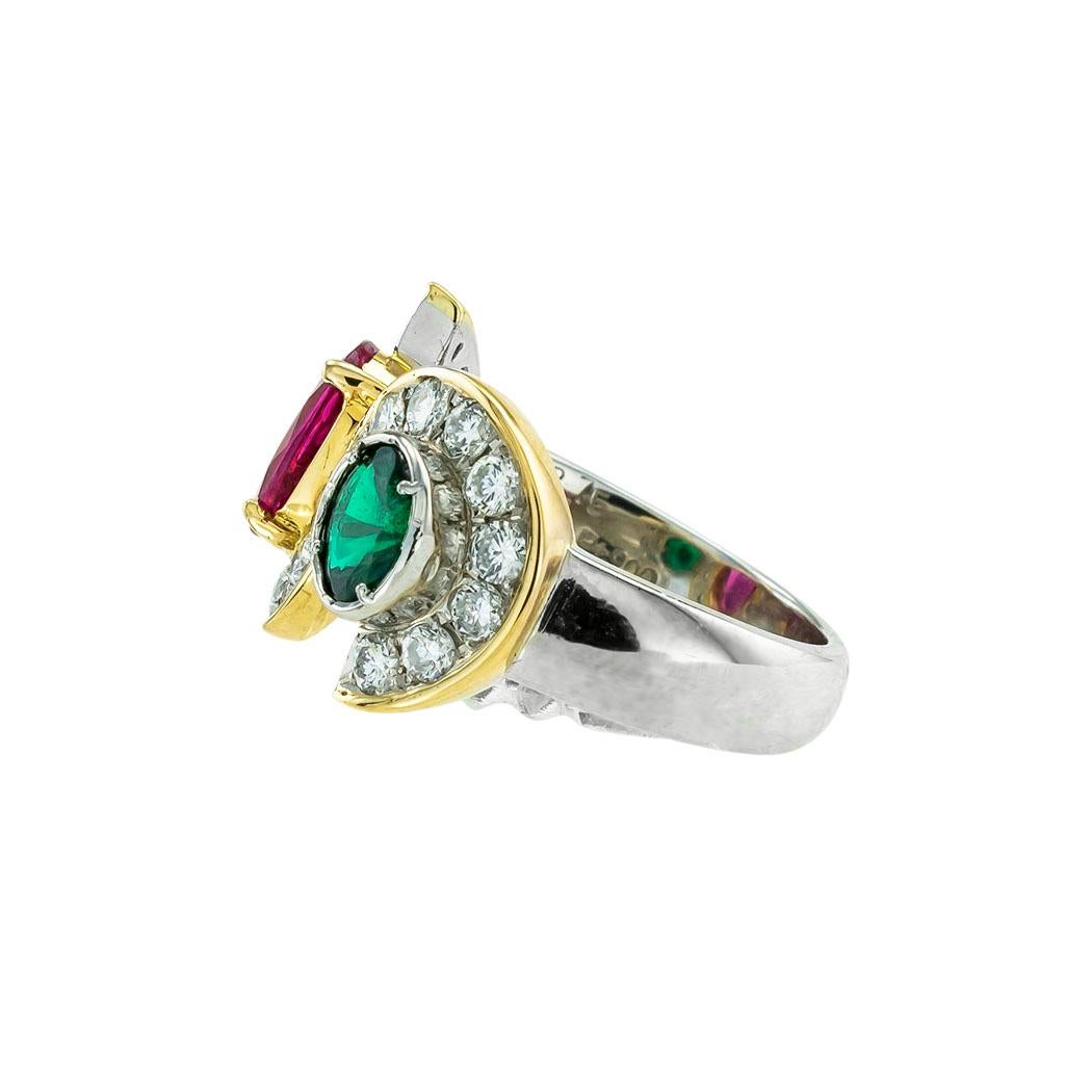 Mixed Cut Pink Tourmaline Emerald Diamond Platinum Yellow Gold Ring For Sale