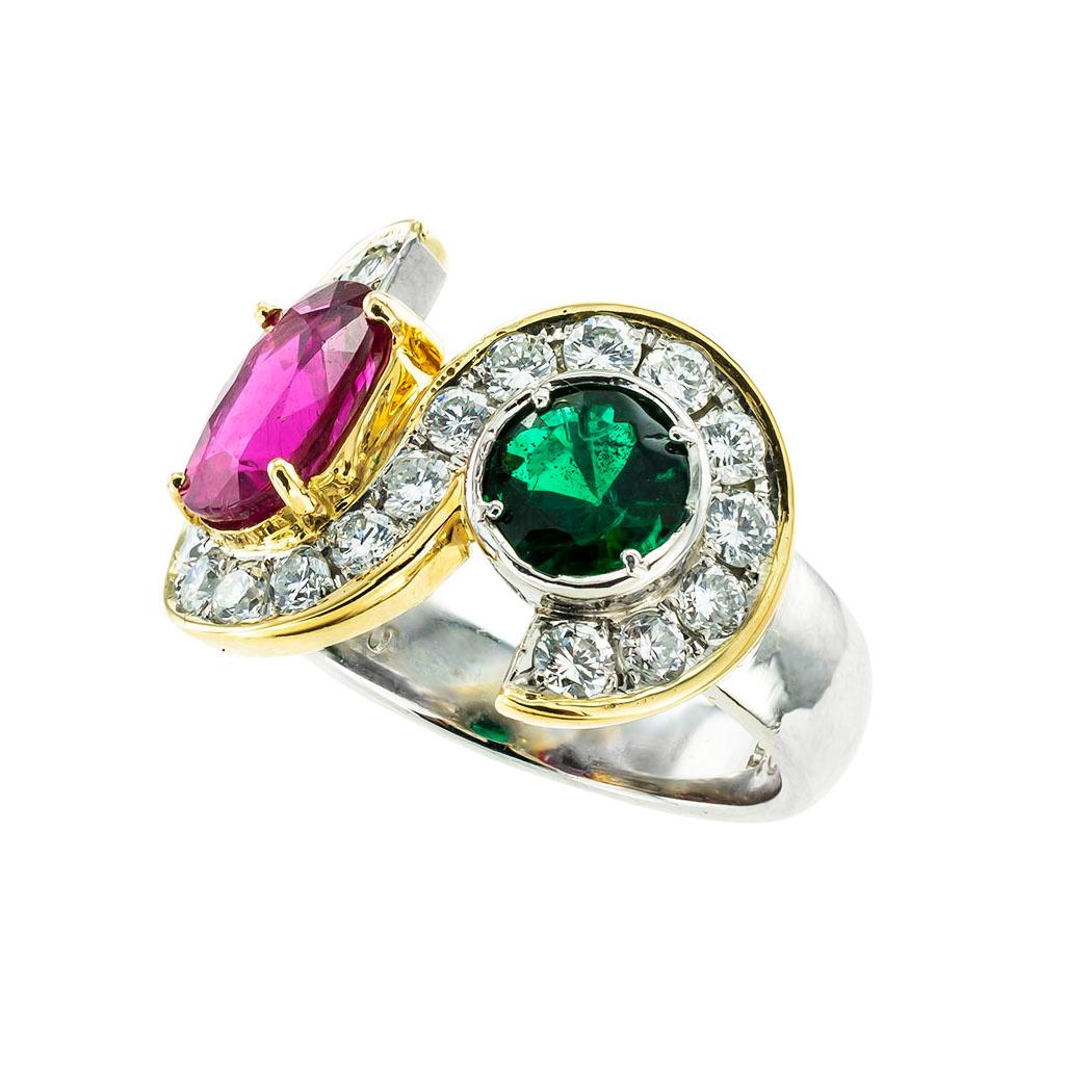Pink Tourmaline Emerald Diamond Platinum Yellow Gold Ring In Good Condition For Sale In Los Angeles, CA