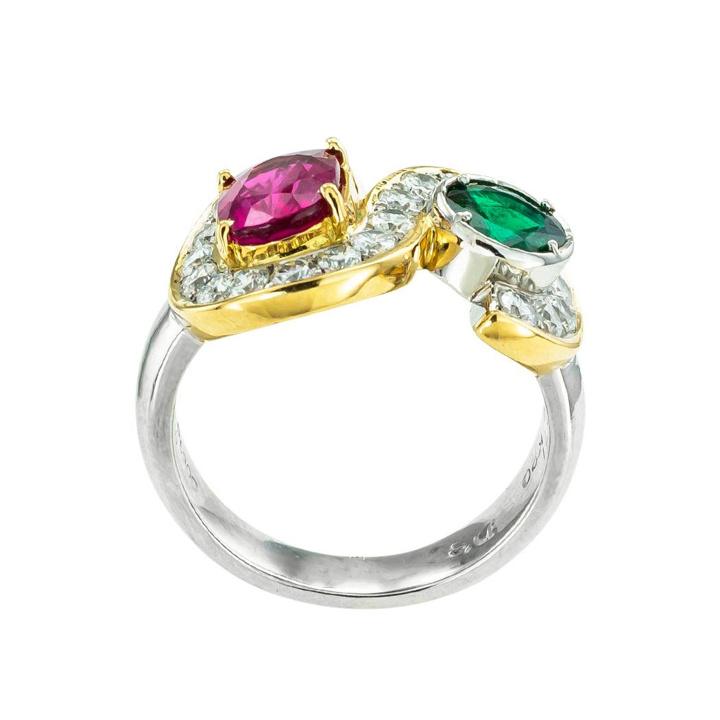 Women's or Men's Pink Tourmaline Emerald Diamond Platinum Yellow Gold Ring For Sale