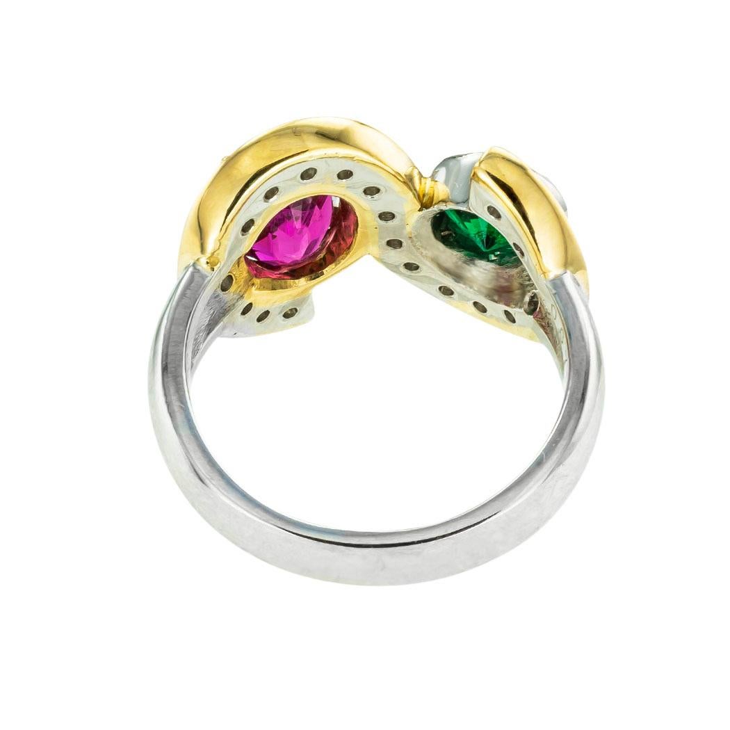 Pink Tourmaline Emerald Diamond Platinum Yellow Gold Ring For Sale 1