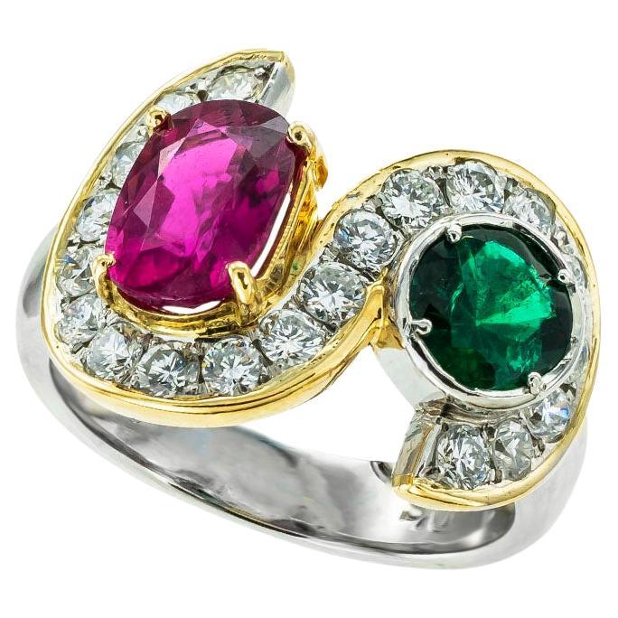 Pink Tourmaline Emerald Diamond Platinum Yellow Gold Ring