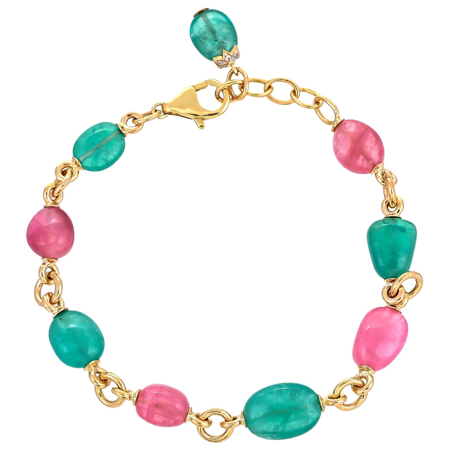 Pink Tourmaline Emerald Tumble 18 Karat Yellow Gold Bracelet