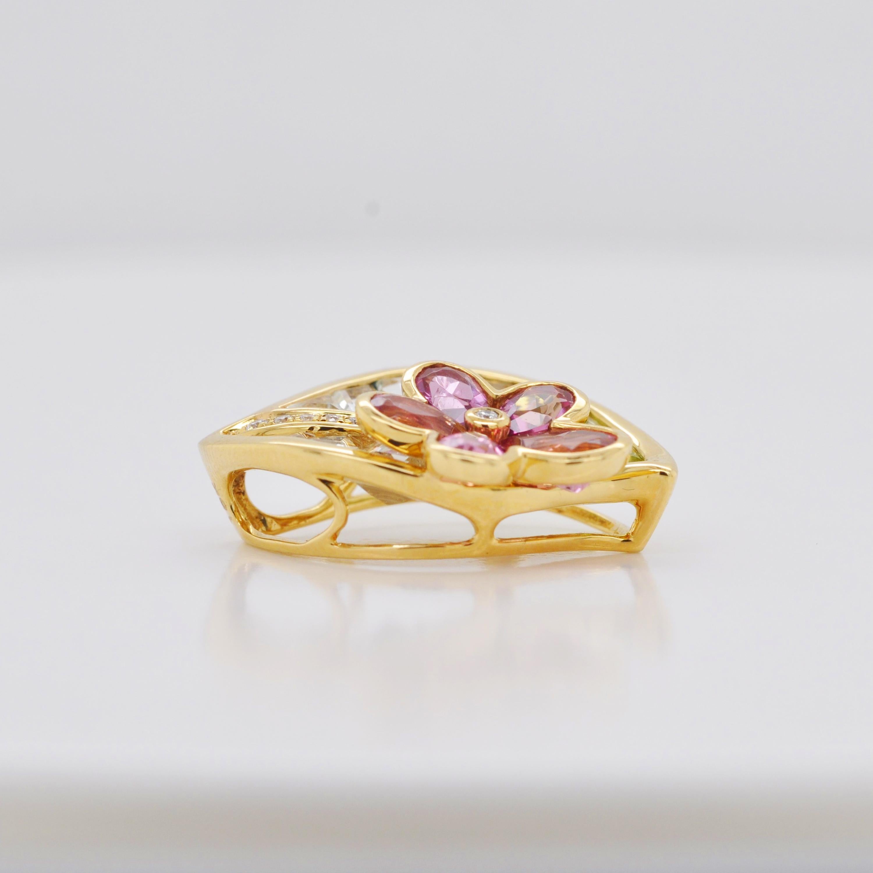 Ciondolo a forma di foglia conica con tormalina rosa e peridoto in oro giallo 18 carati in vendita 4