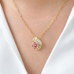 Pink Tourmaline Floral Peridot Taper Baguette Leaf Pendant in 18K Yellow Gold