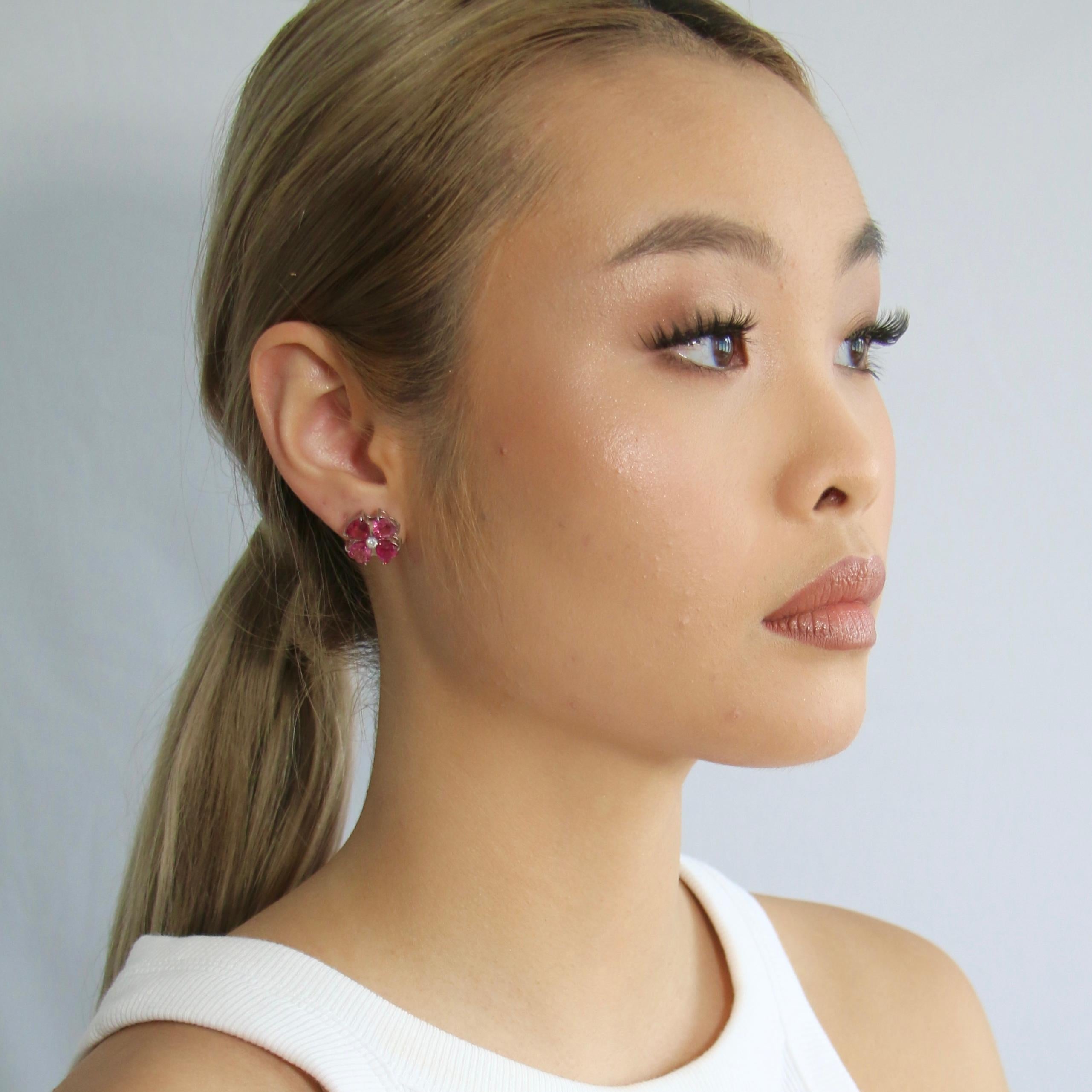 Pendientes Flor Turmalina Rosa y Diamante - Oro Blanco Macizo 18K en Nuevo Estado en Markham, CA