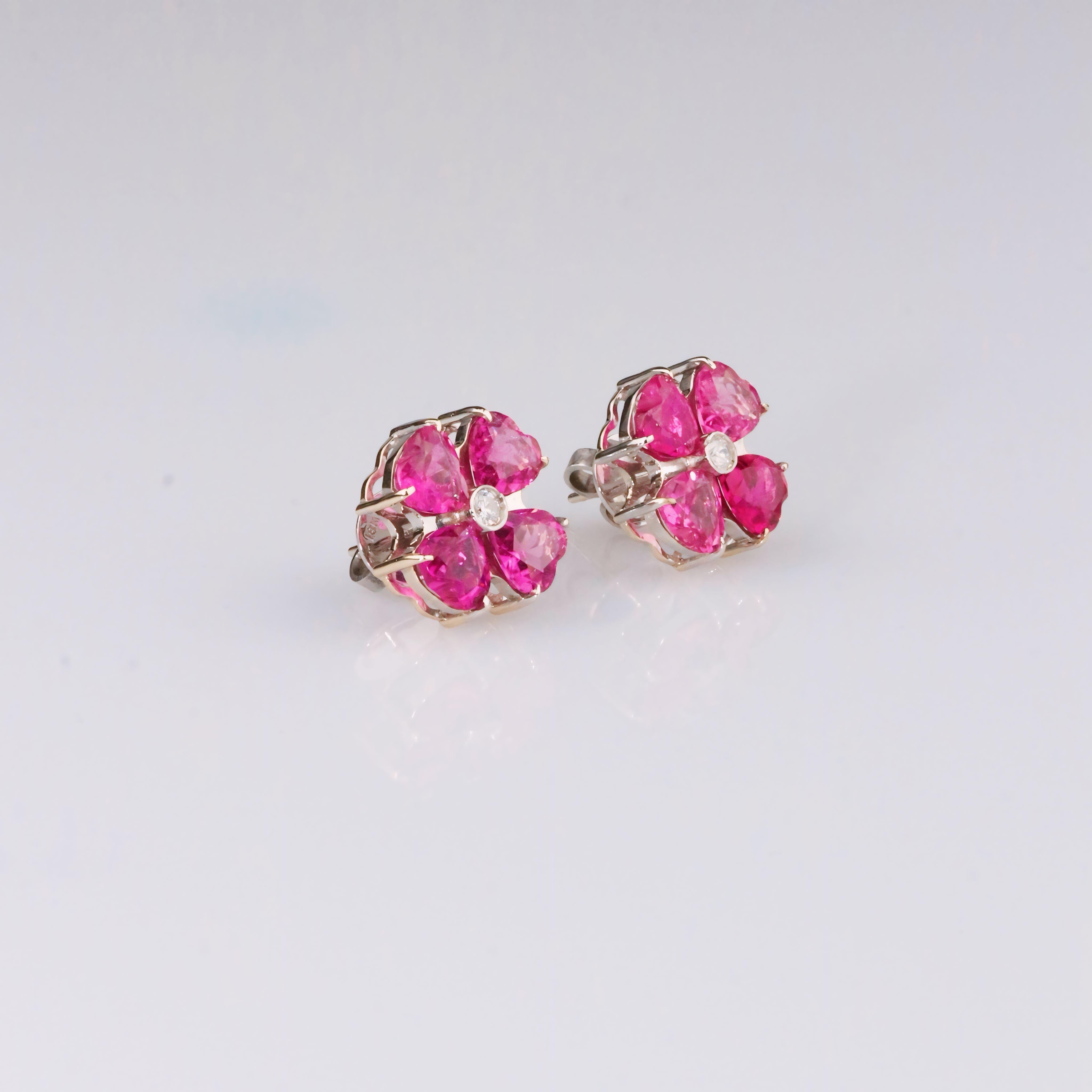 De las mujeres Pendientes Flor Turmalina Rosa y Diamante - Oro Blanco Macizo 18K