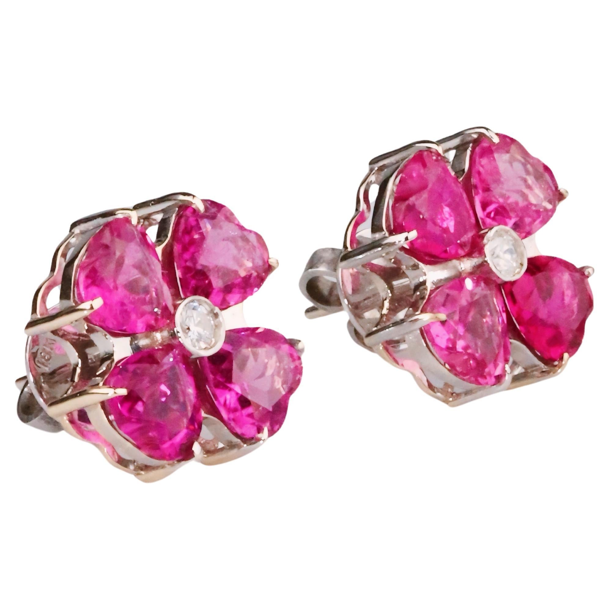 Pink Tourmaline Flower Earrings & Diamond - 18K Solid White Gold
